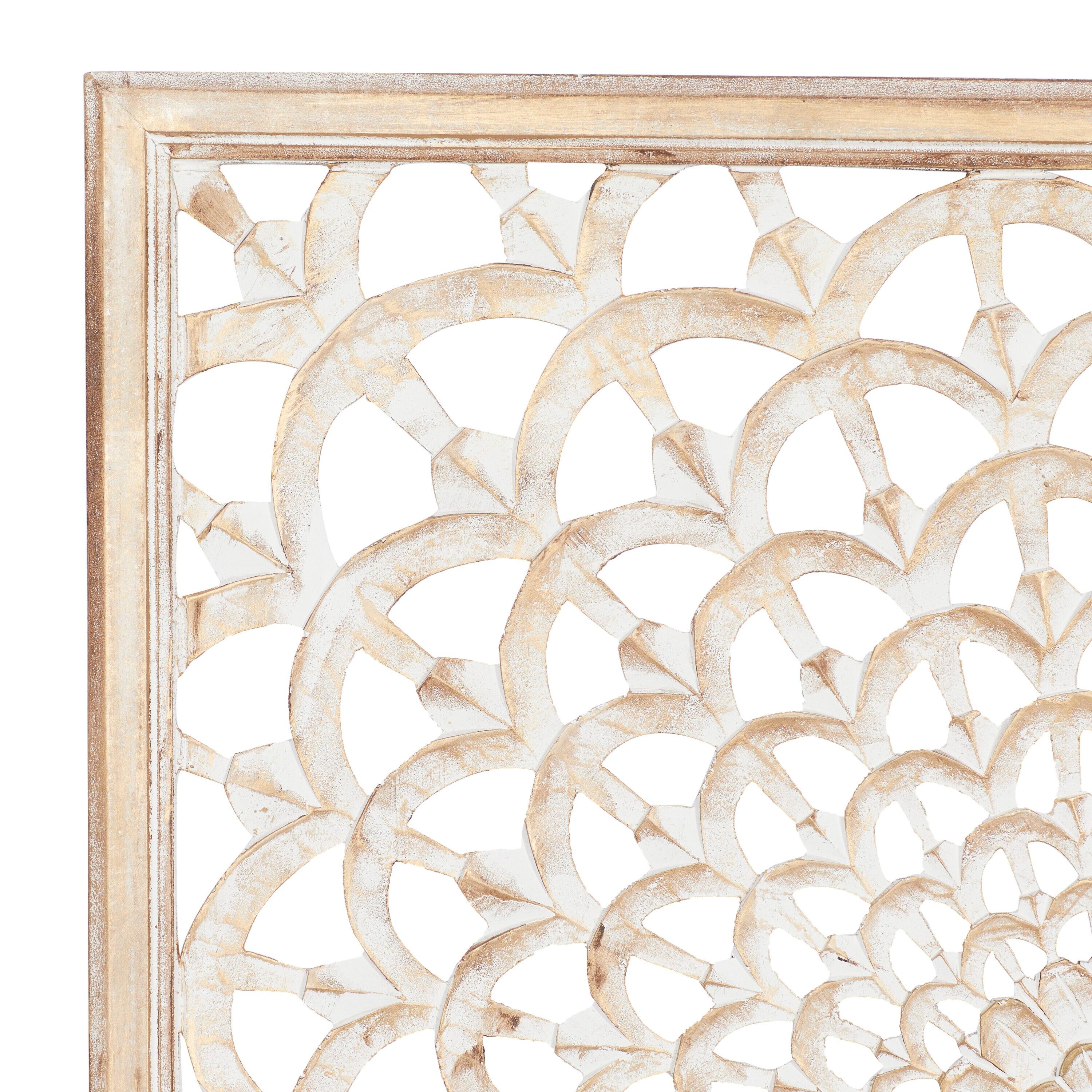 36" Off-White Hand-Carved Wood Floral Wall Sculpture