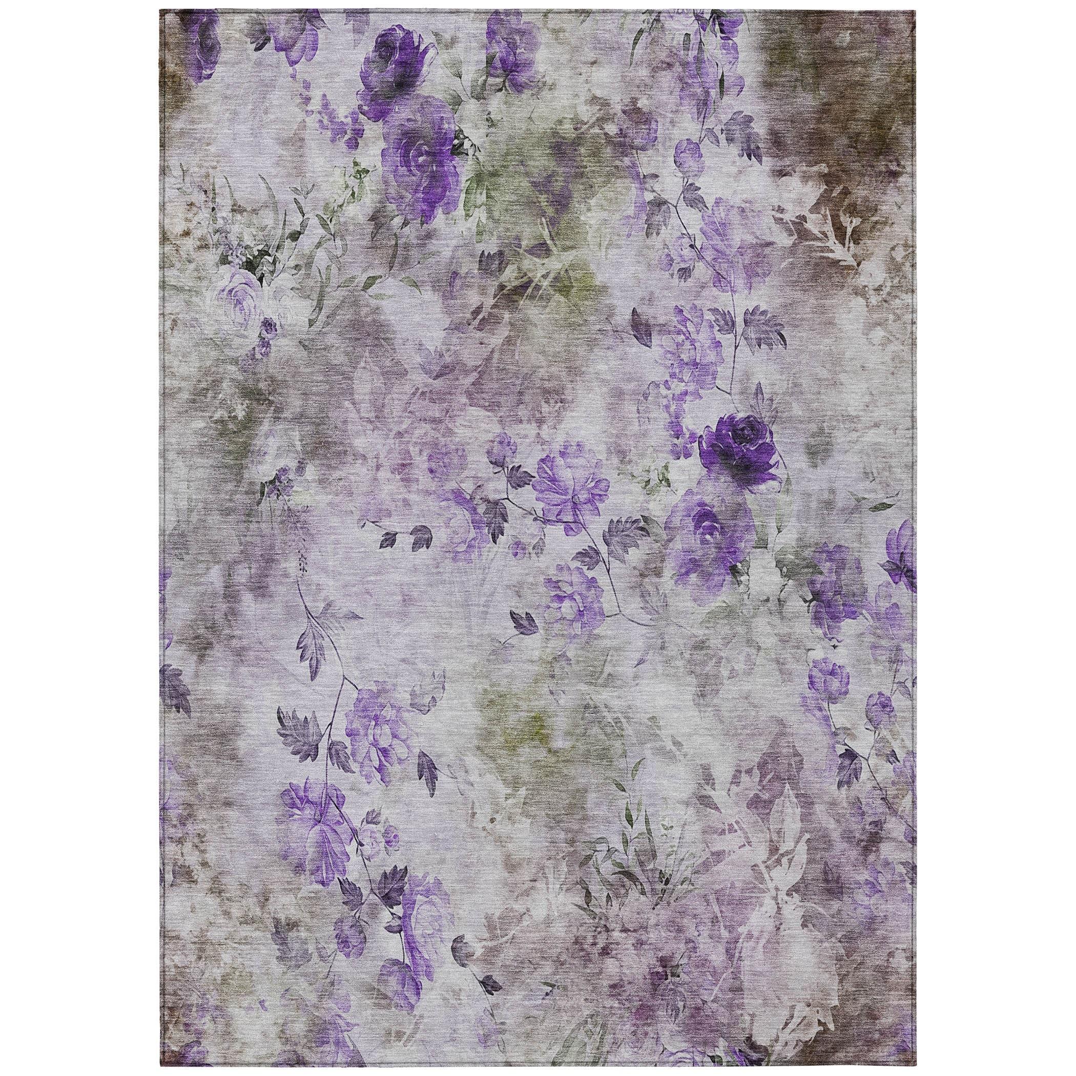 Purple Floral Synthetic 5' x 7' Washable Reversible Rug