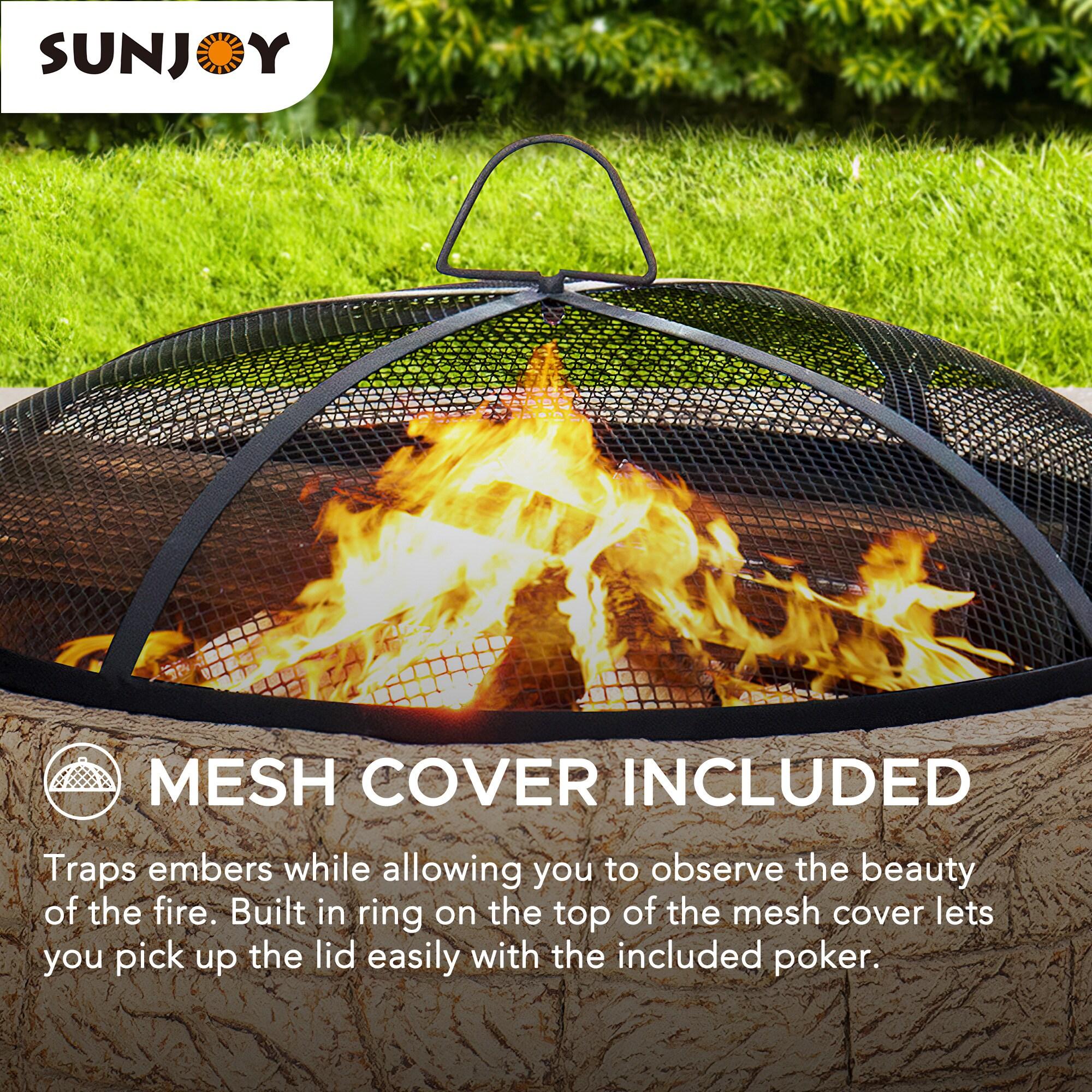 Sunjoy Stone Fire Pit 26 Inch, Outdoor Round Wood Burning Fire Pits with Spark Screen and Poker  Tan