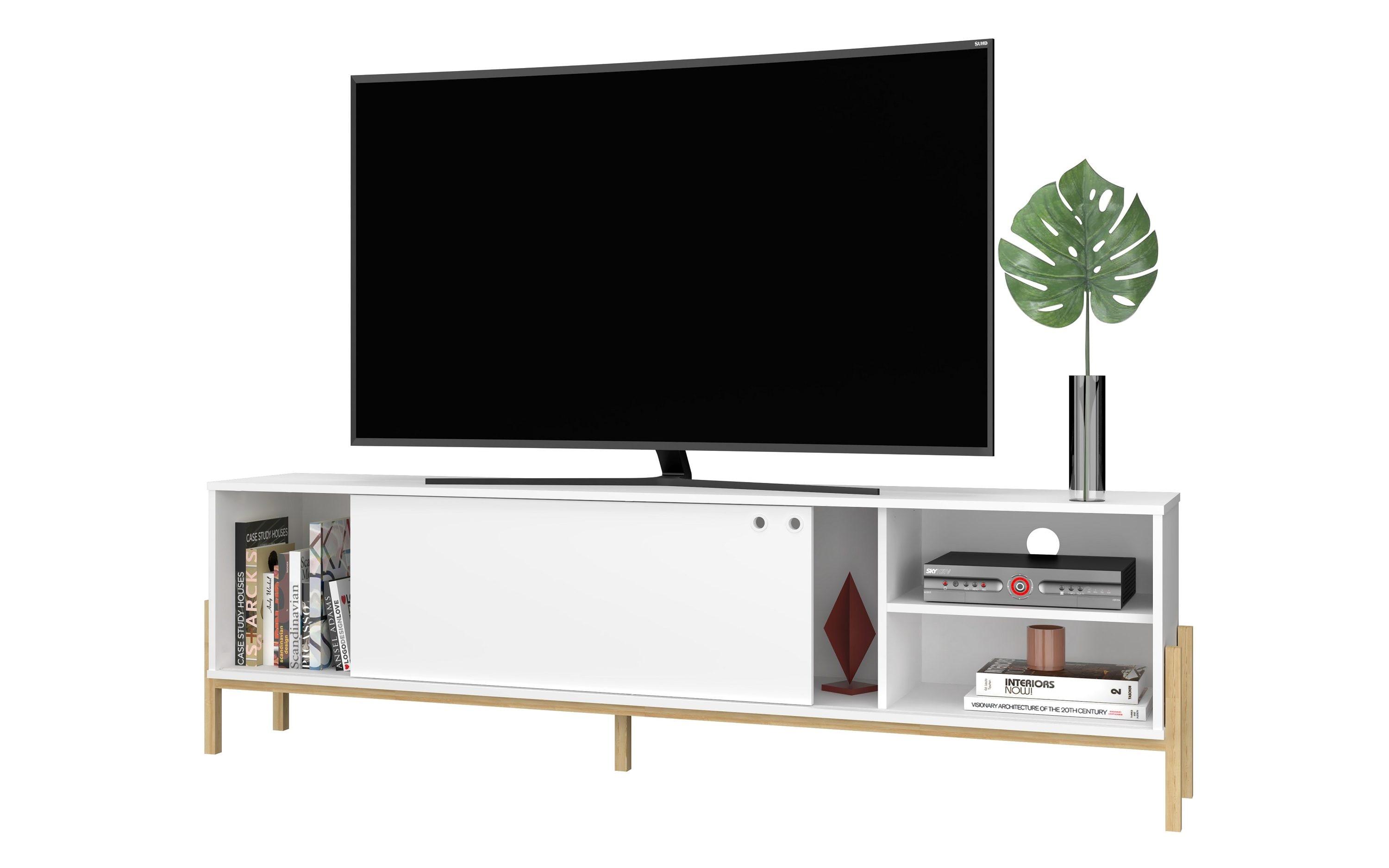 Bowery TV Stand for TVs up to 70" White/Oak - Manhattan Comfort: Mid-Century Design, Cable Management