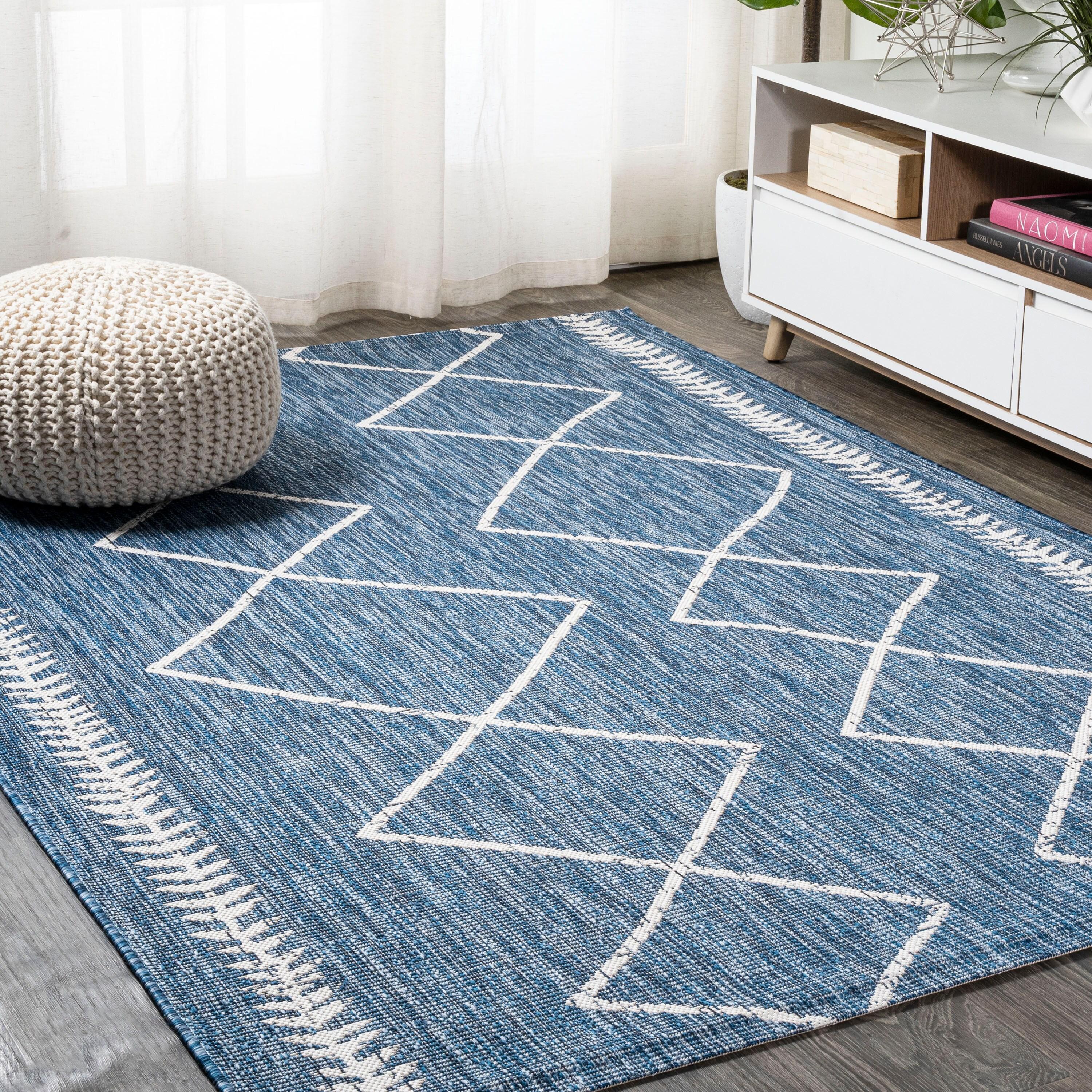 4'x6' Derya  Diamond Trellis Indoor/Outdoor Area Rug, Blue/Ivory - JONATHAN Y