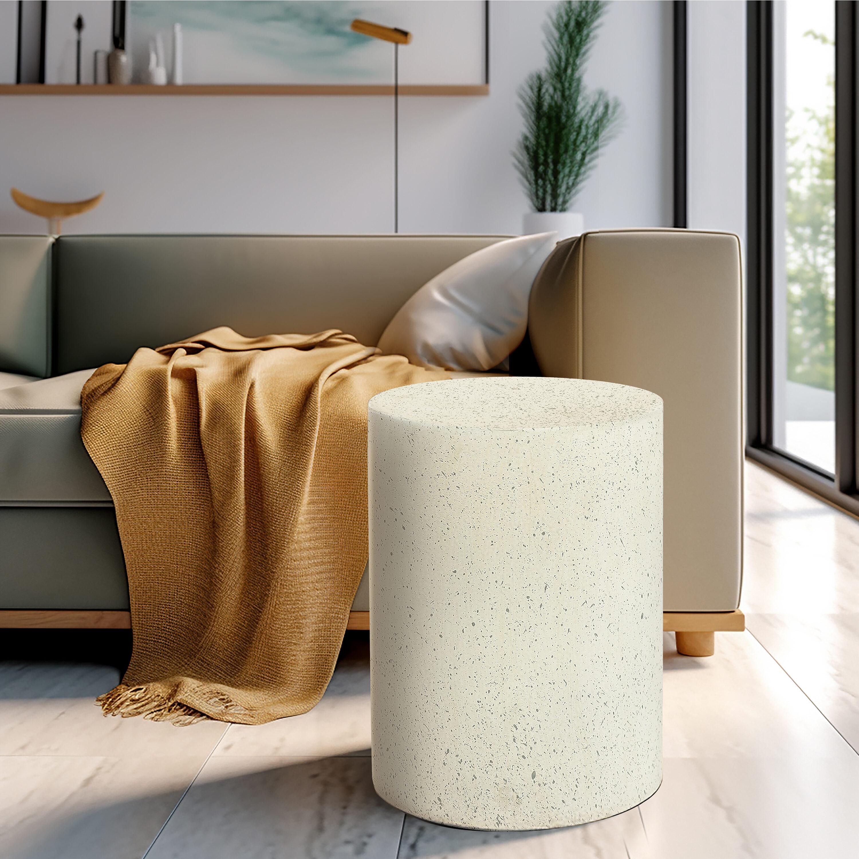 LuxenHome Patio Side Table, 18'' Cream with Speckled Gray Cement Round End Table,Accent Table for Outdoor Indoor, Garden Stool Plant Stand Off-White