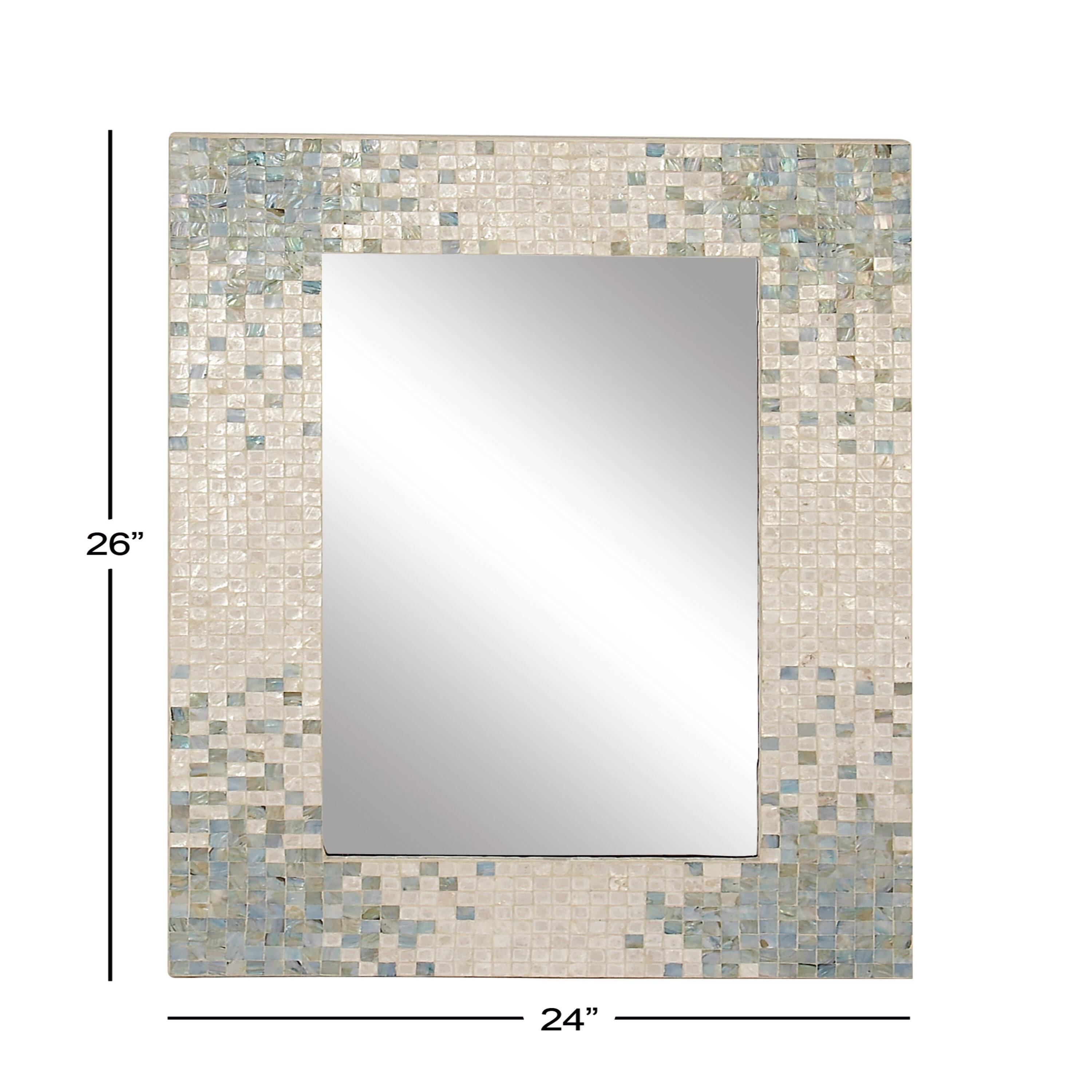 DecMode 24" x 36" Cream Handmade Mosaic Wall Mirror with Blue Corners