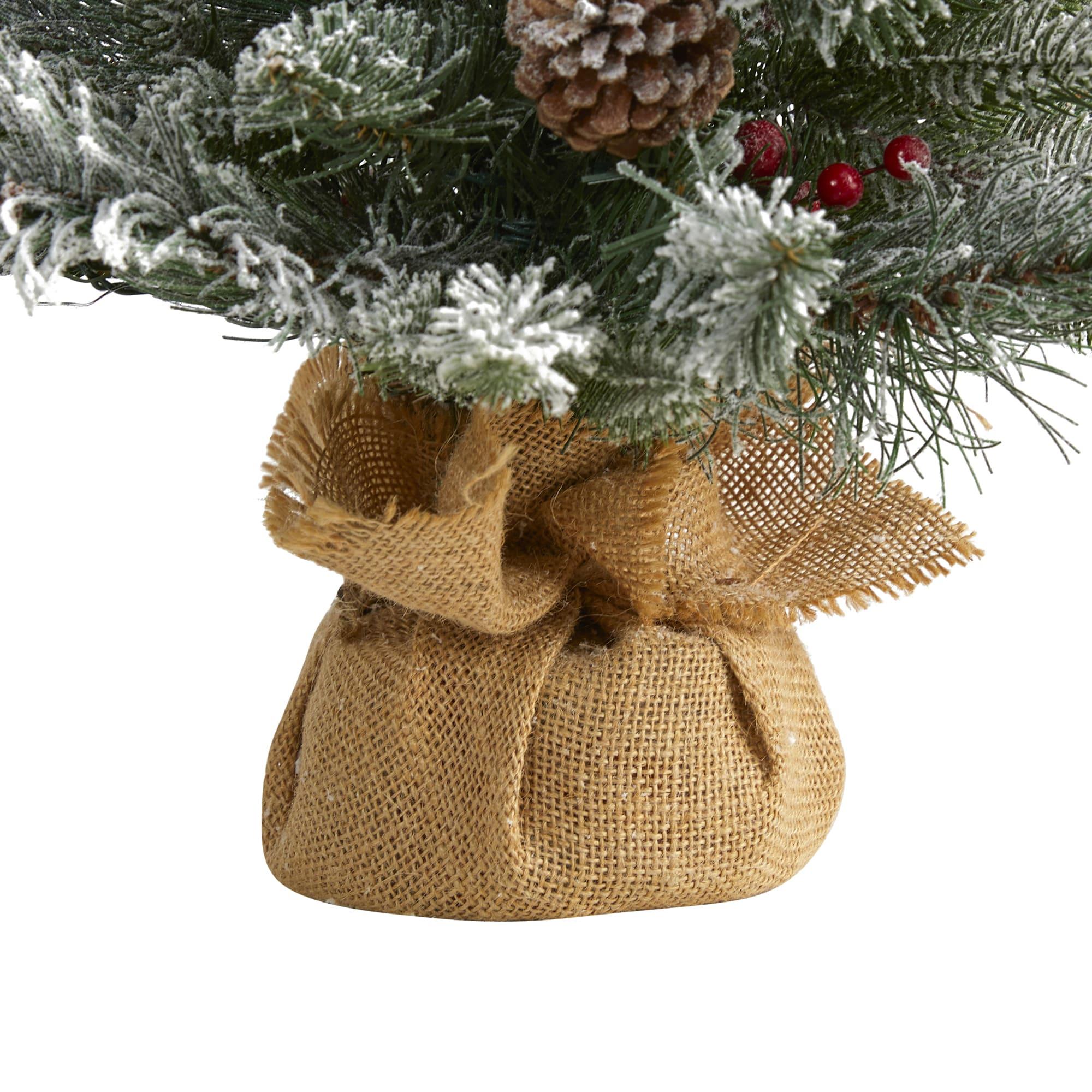 2ft Nearly Natural Pre-Lit Flocked Artificial Christmas Tree: Indoor Decor, Burlap Base