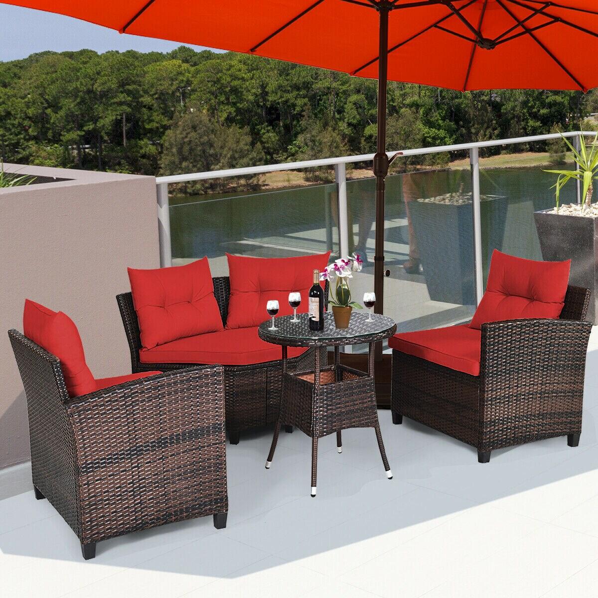 Costway 4PCS Outdoor Patio Rattan Furniture Set Cushioned Sofa Table Red