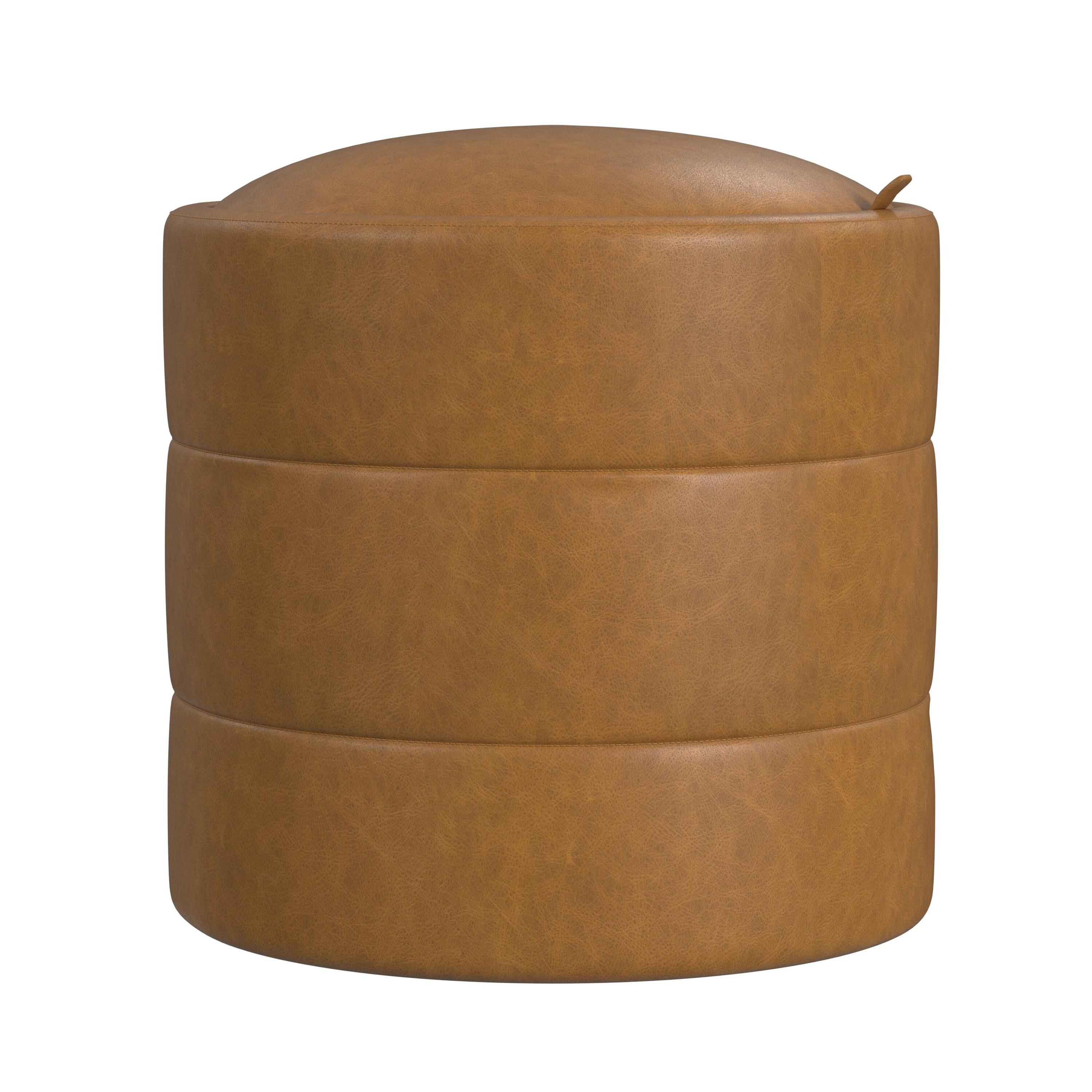 HomePop Storage Round Ottoman Caramel: Upholstered Vanity Stool, Footrest with MDF Frame