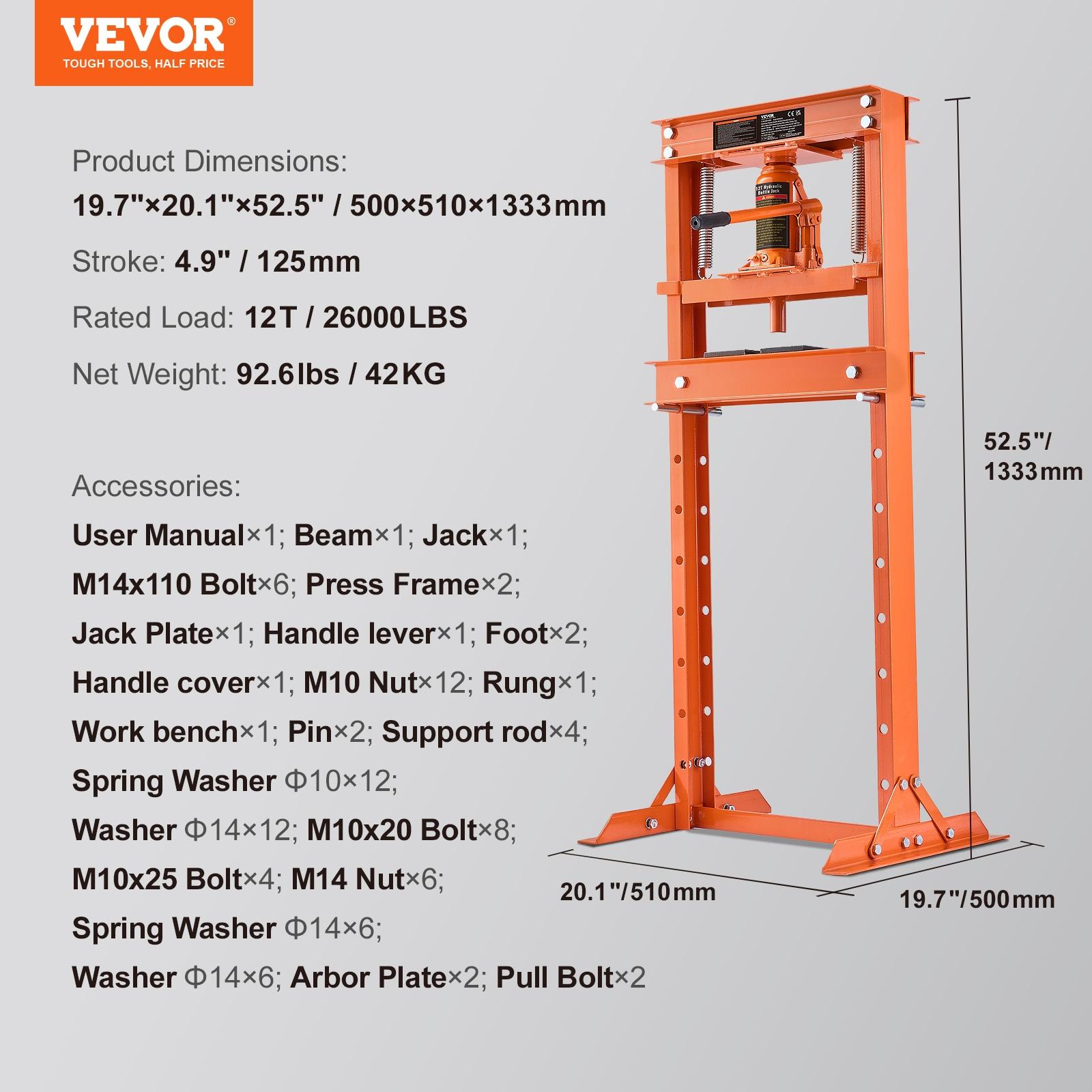 BENTISM Hydraulic Shop Press 12 Ton H-Frame Benchtop Garage Floor Press with Heavy Steel Plates Adjustable Workbench