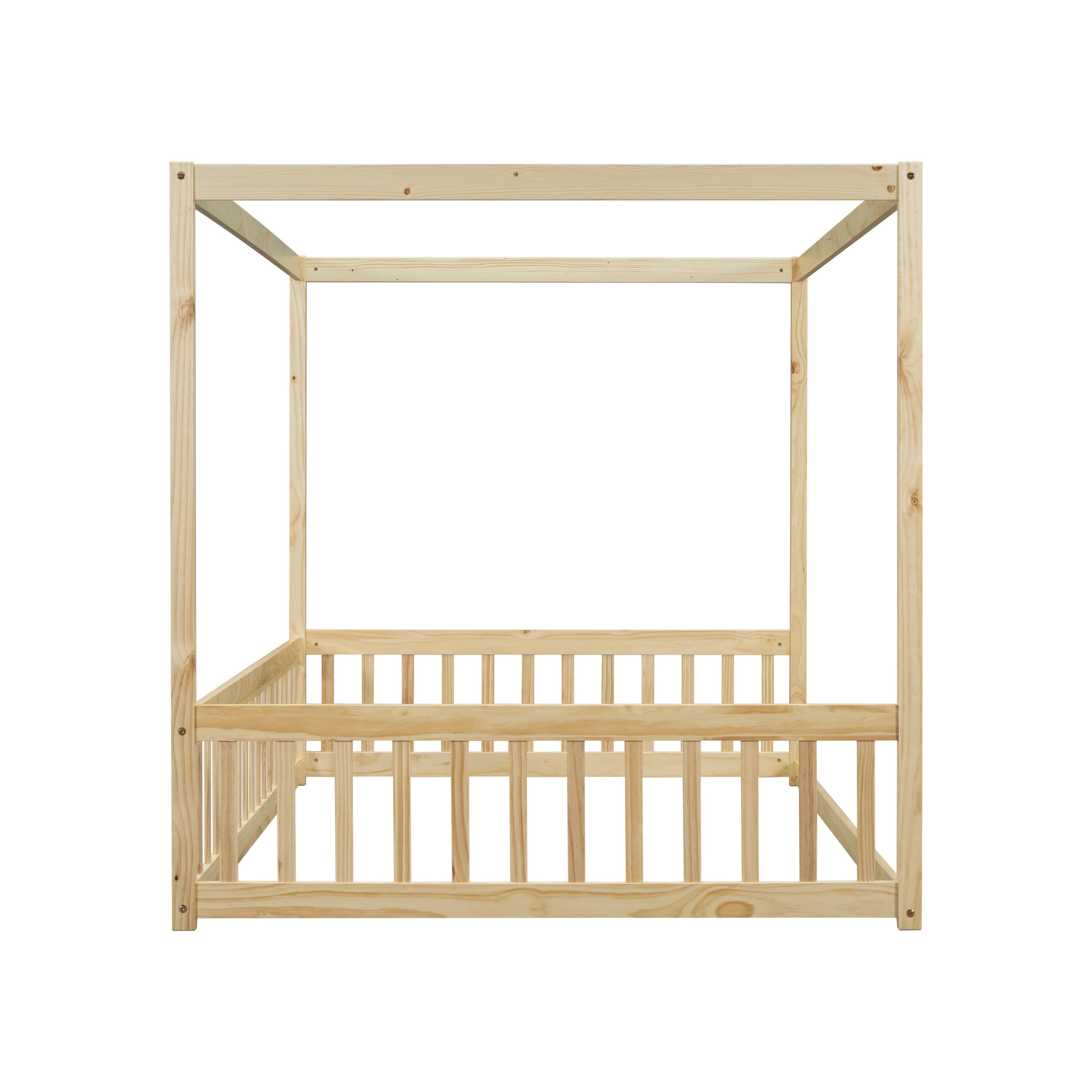 Canopy Frame Twin Size Floor Bed for Kids Bedroom,Wood Bed Frame with Fence for Boys/Girls/Teens,No Box Spring Needed,Natural