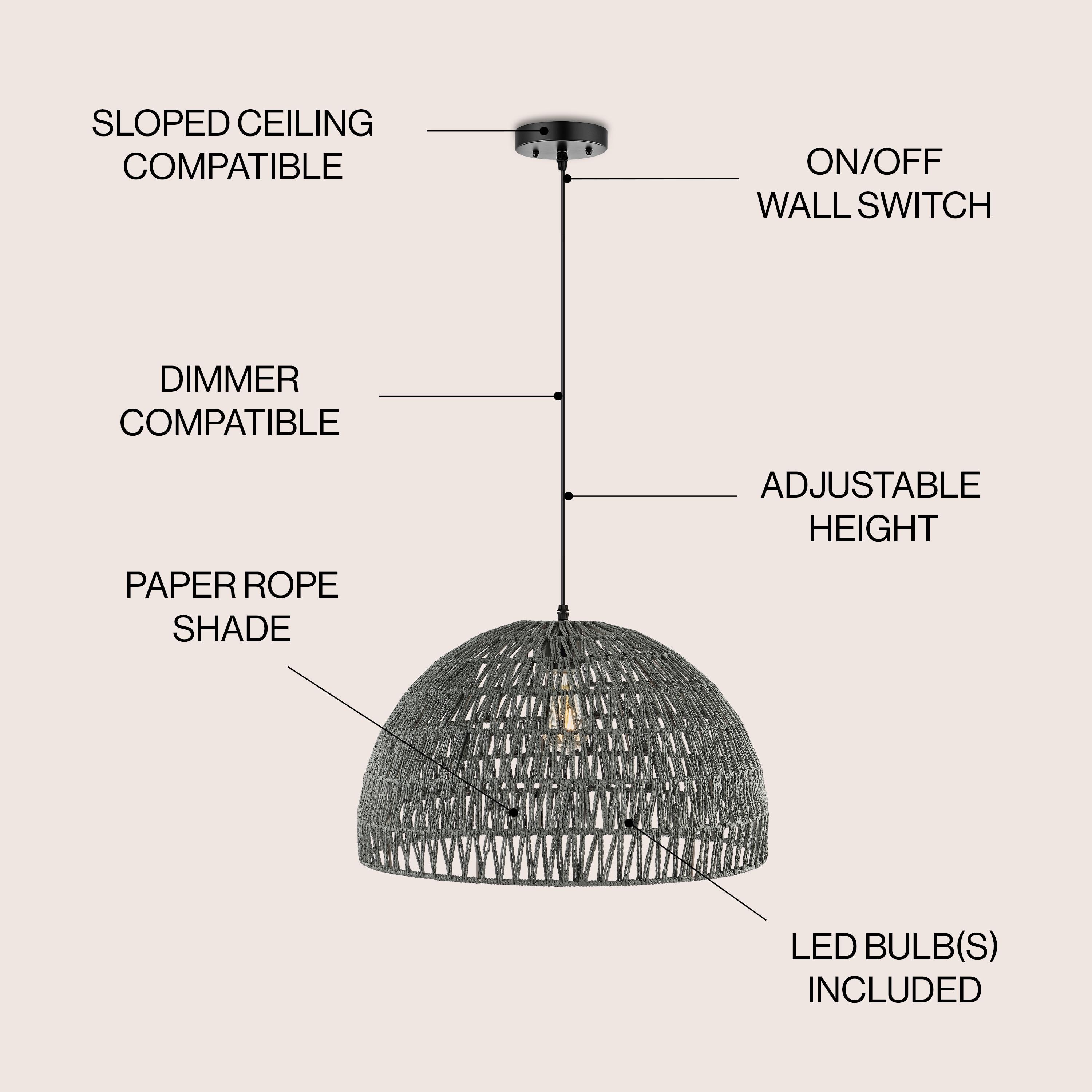 Campana 20" 1-Light Bohemian Modern Woven Rope/Iron LED Pendant, Grey/Black