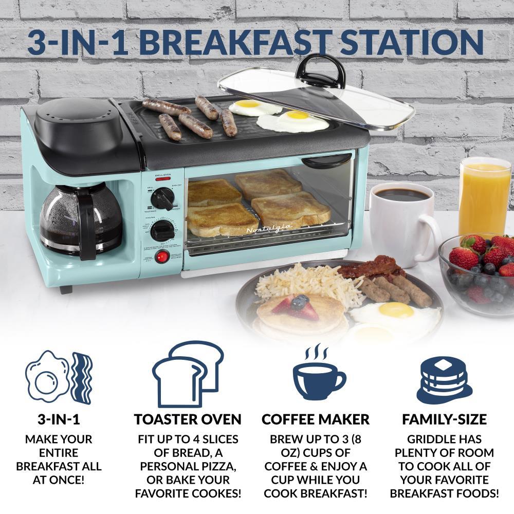 Nostalgia Retro 3-in-1 Family Size Electric Breakfast Station, Coffeemaker, Griddle, Toaster Oven, Aqua