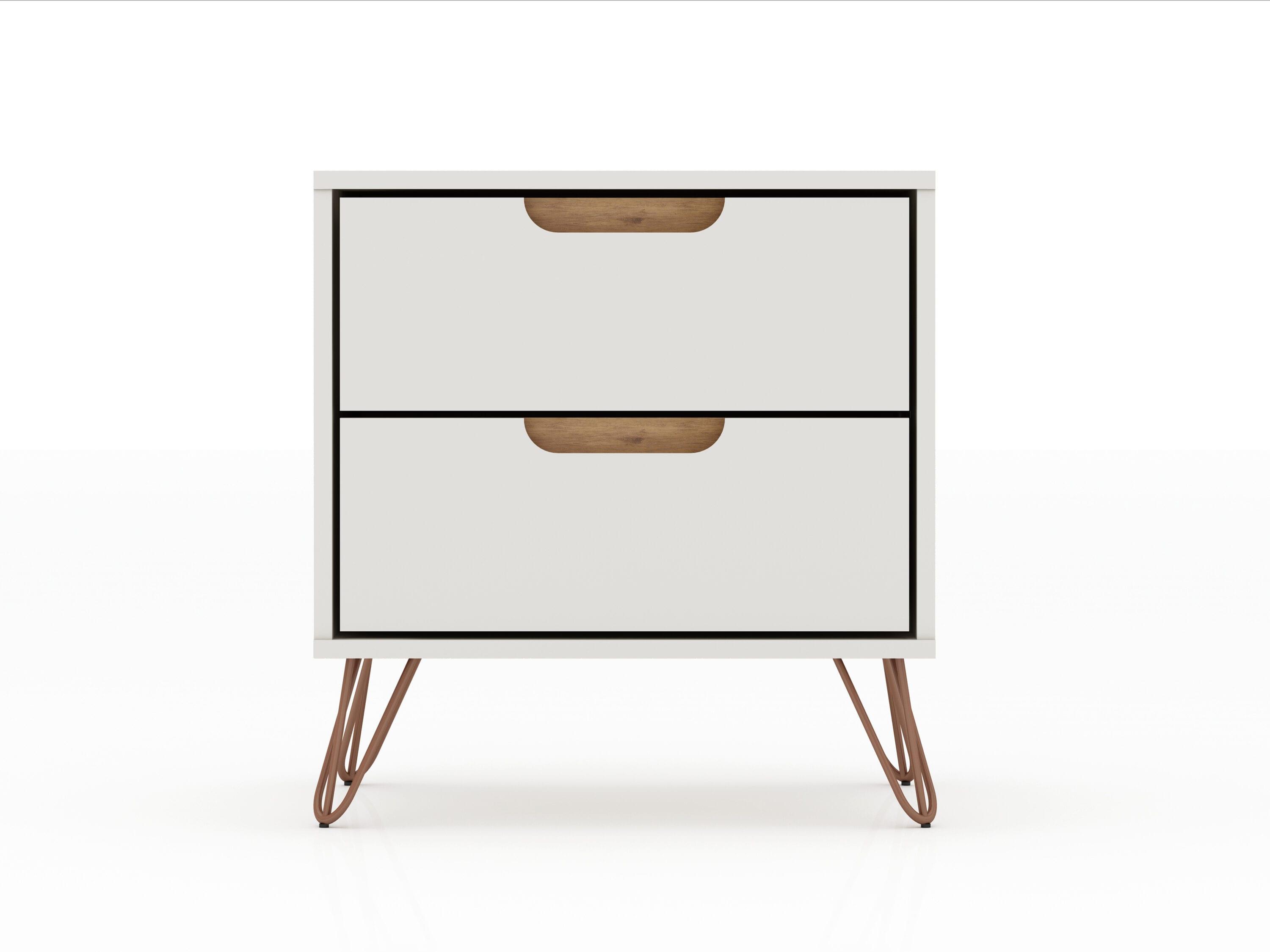 Manhattan Comfort 2.0 Rockefeller Nightstand Off White/Natural: Mid-Century Design, Splayed Metal Legs, Dual Drawers