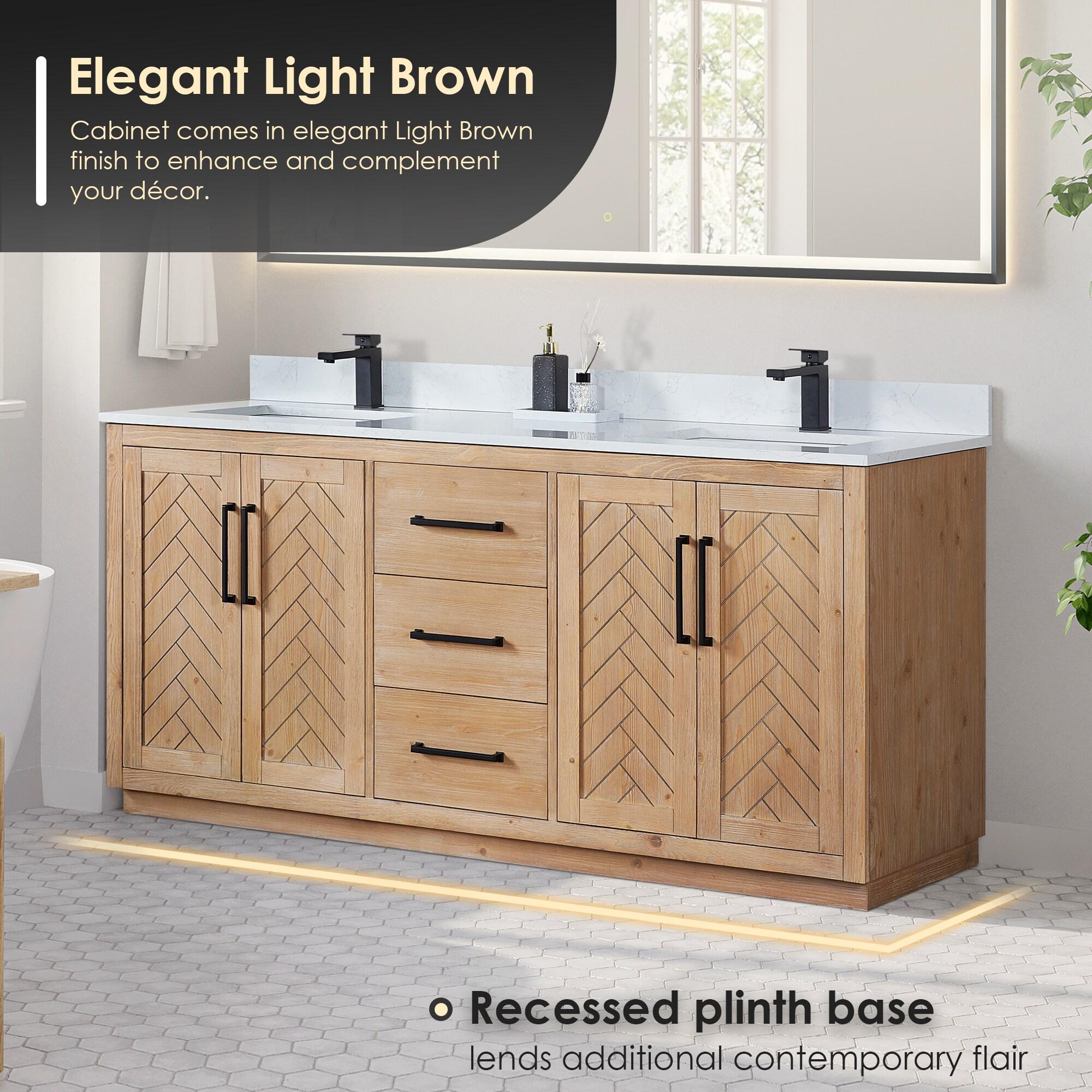 Anais 72" Wood Vanity in Light Brown with White Composite Stone Top with Mirror