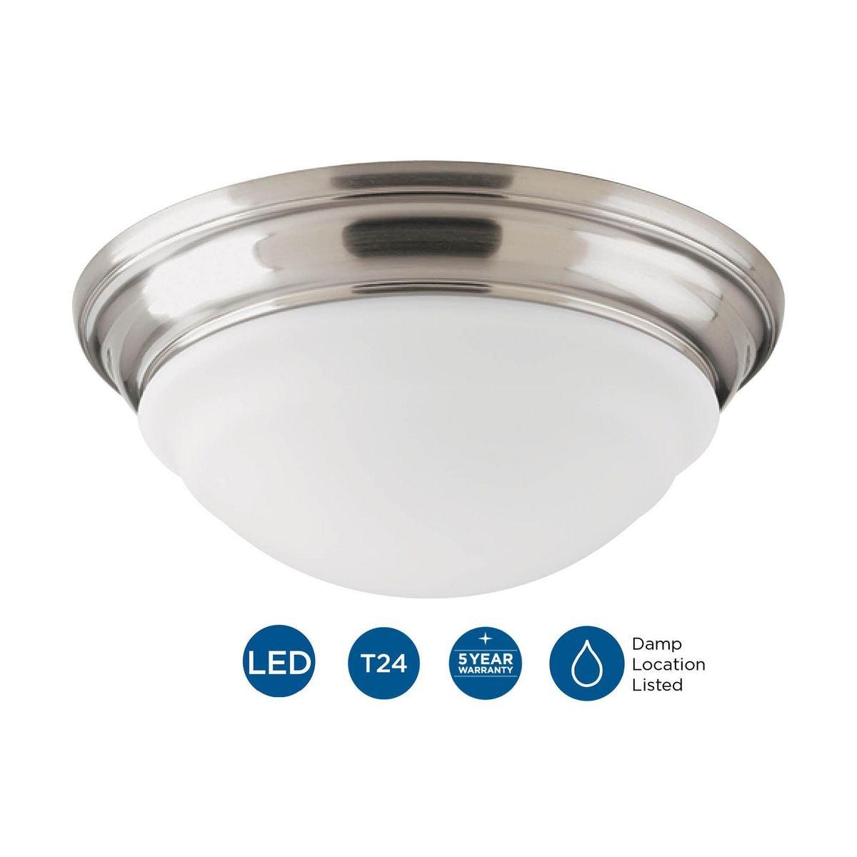 Progress Lighting, Etched Glass, 1-Light, LED Flush Mount, Brushed Nickel, Steel, Damp Rated, Dimmable, Canopy Included