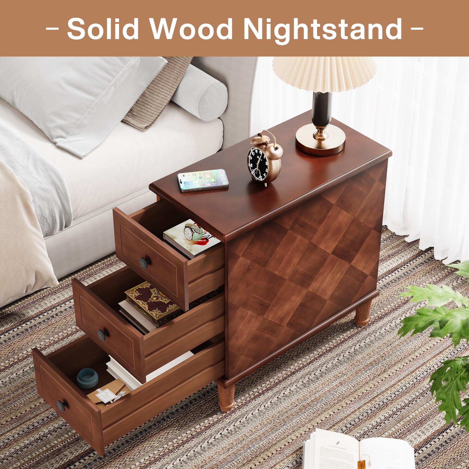 Hokku Designs Solid Wood End Table, Fully Assembled Narrow Side Table With Drawers, Pre-Assembled Nightstand Slim Bedside Table For Small Spaces, Living Room, Bedroom, Brown