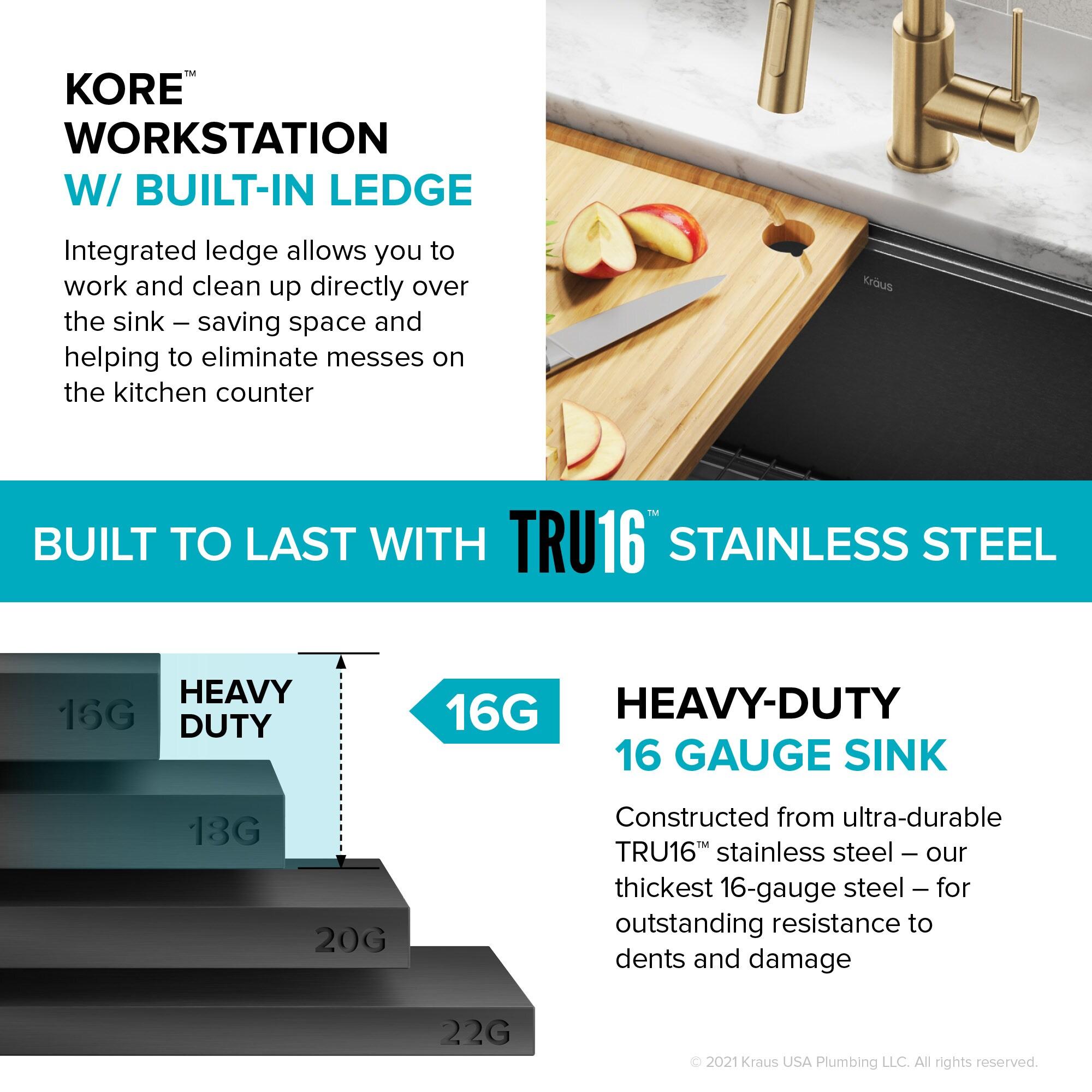 KRAUS Kore™ 27" L Farmhouse Apron Front Workstation 16 Gauge Black Stainless Steel Single Bowl Kitchen Sink