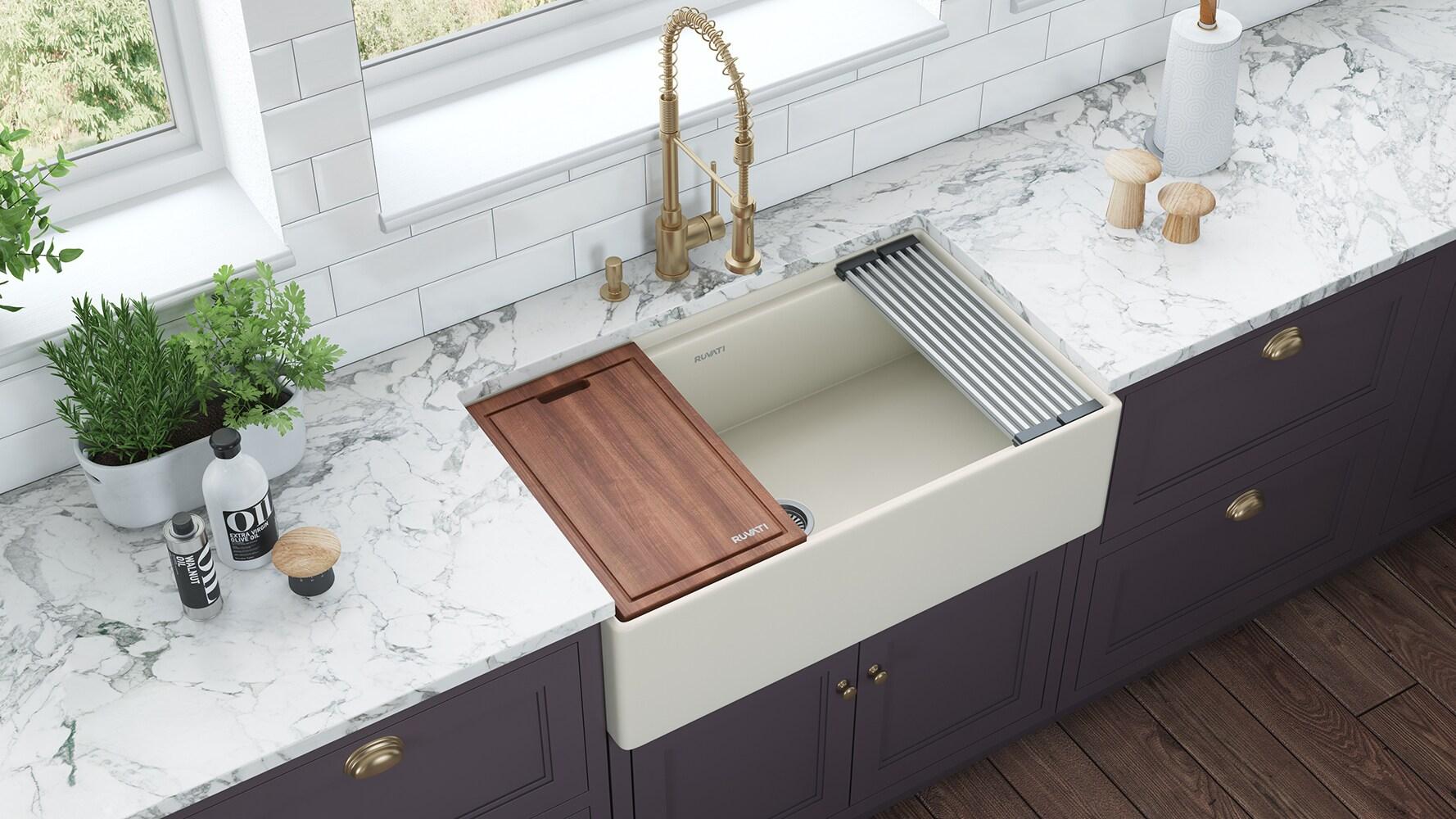 Ruvati 33 inch Fireclay Workstation Farmhouse Kitchen Sink Apron Front Single Bowl