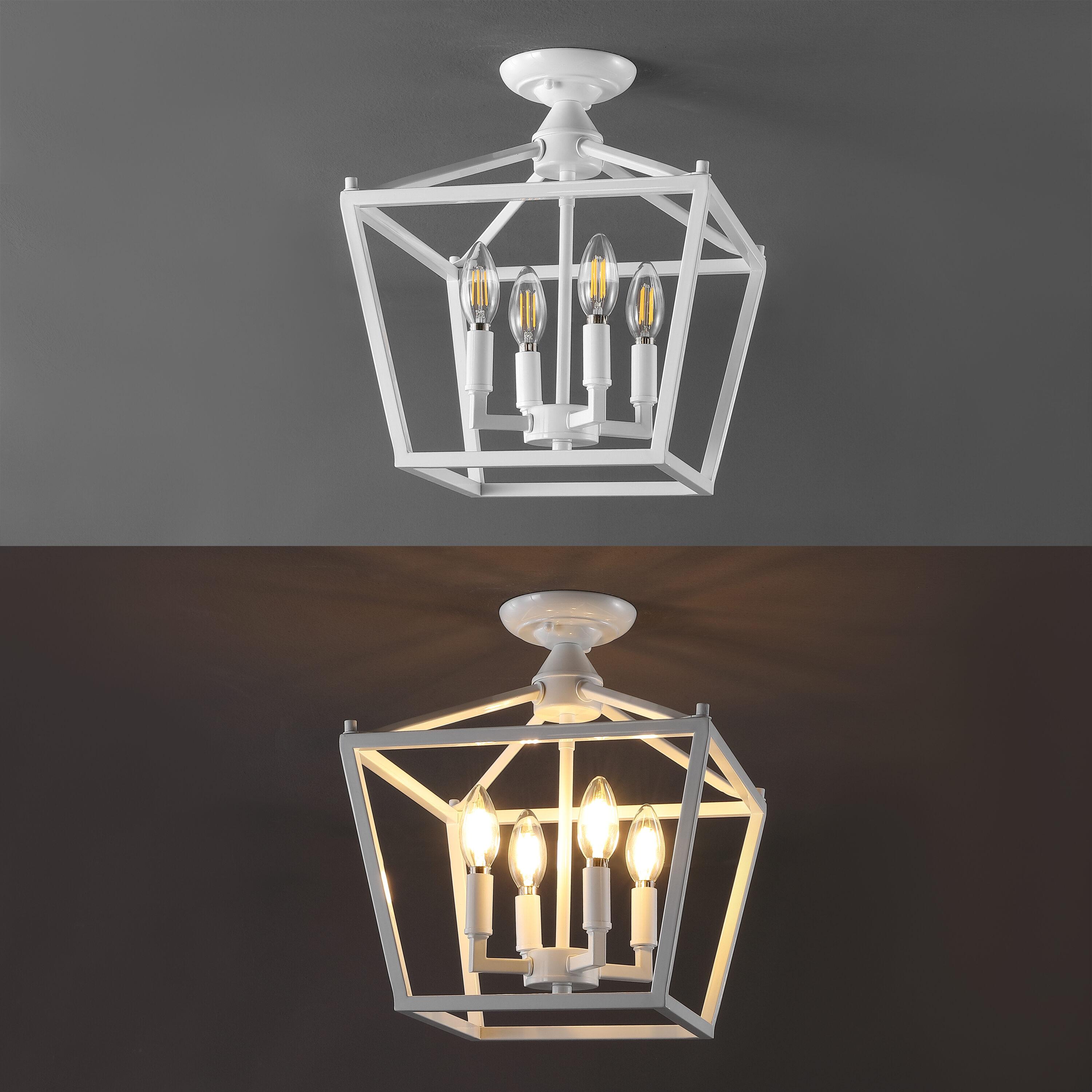 Plains Mini Lantern 12 in. 4-Light Iron Modern Farmhouse LED Flush Mount, White