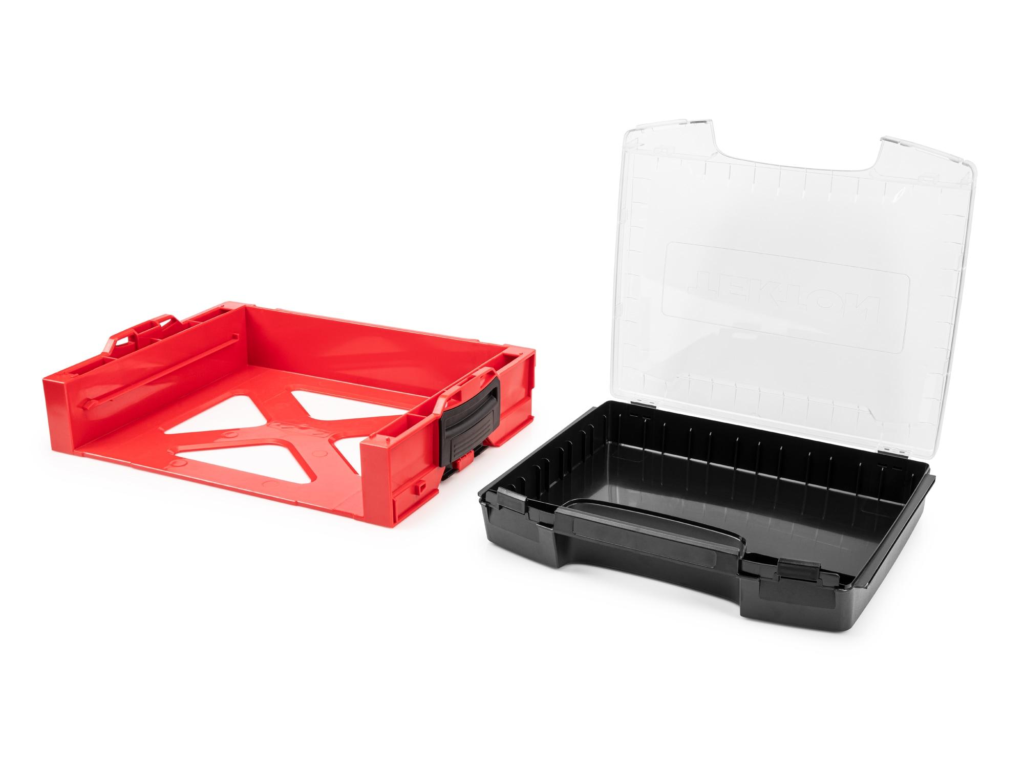 Red and Black Plastic Stacking Tool Box with Clear Lid