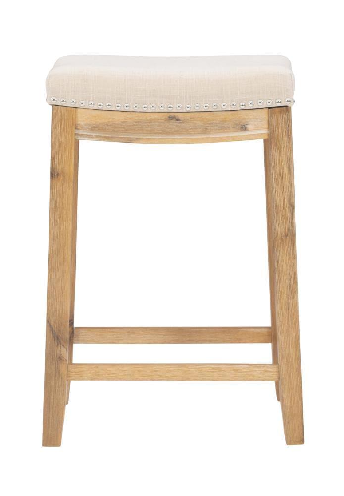 Claridge Backless Nailhead Saddle Acacia Counter Height Barstool Natural - Linon: Chic Beige Linen Seat, Rubberwood