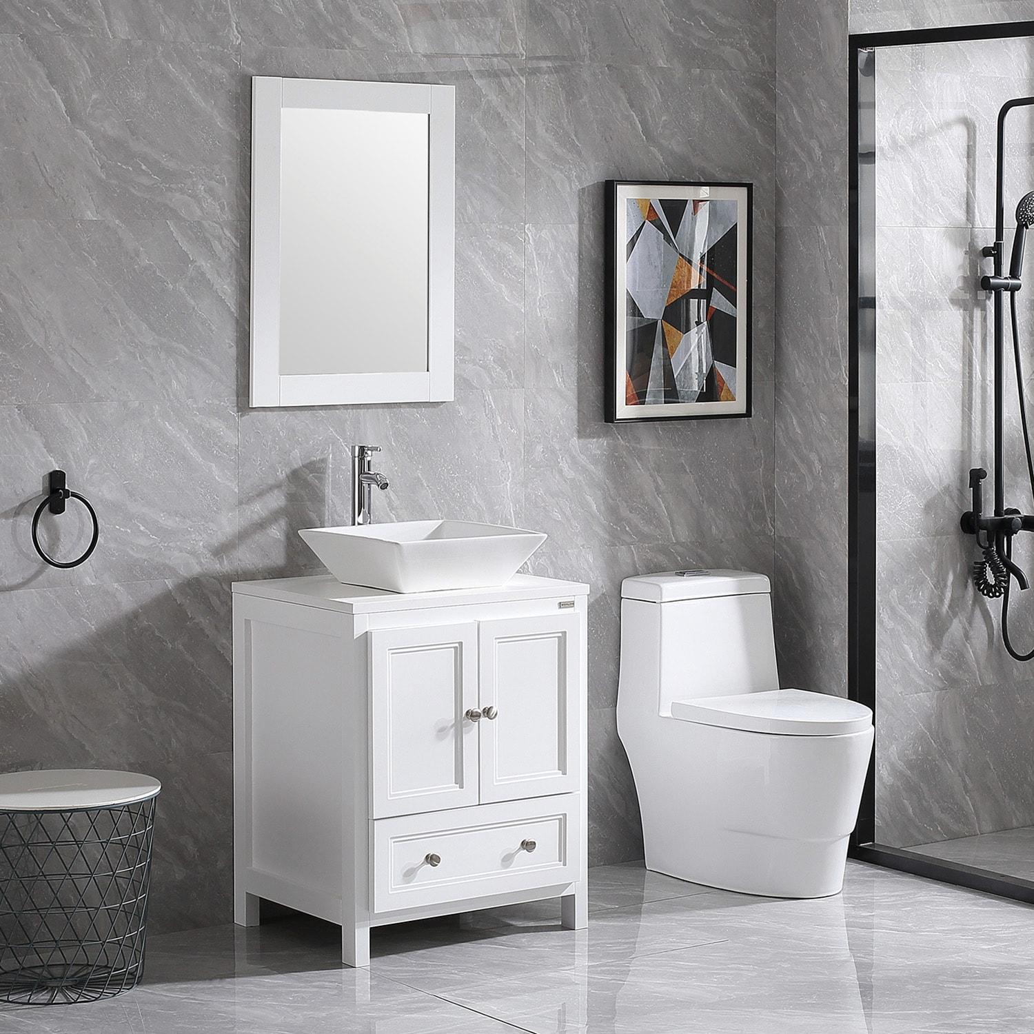 24 Inch Bathroom Vanity with Sink, Single Sink Bathroom Vanity, Modern Small Bathroom Vanity Cabinet with Mirror Sink Drain Faucet Set, White