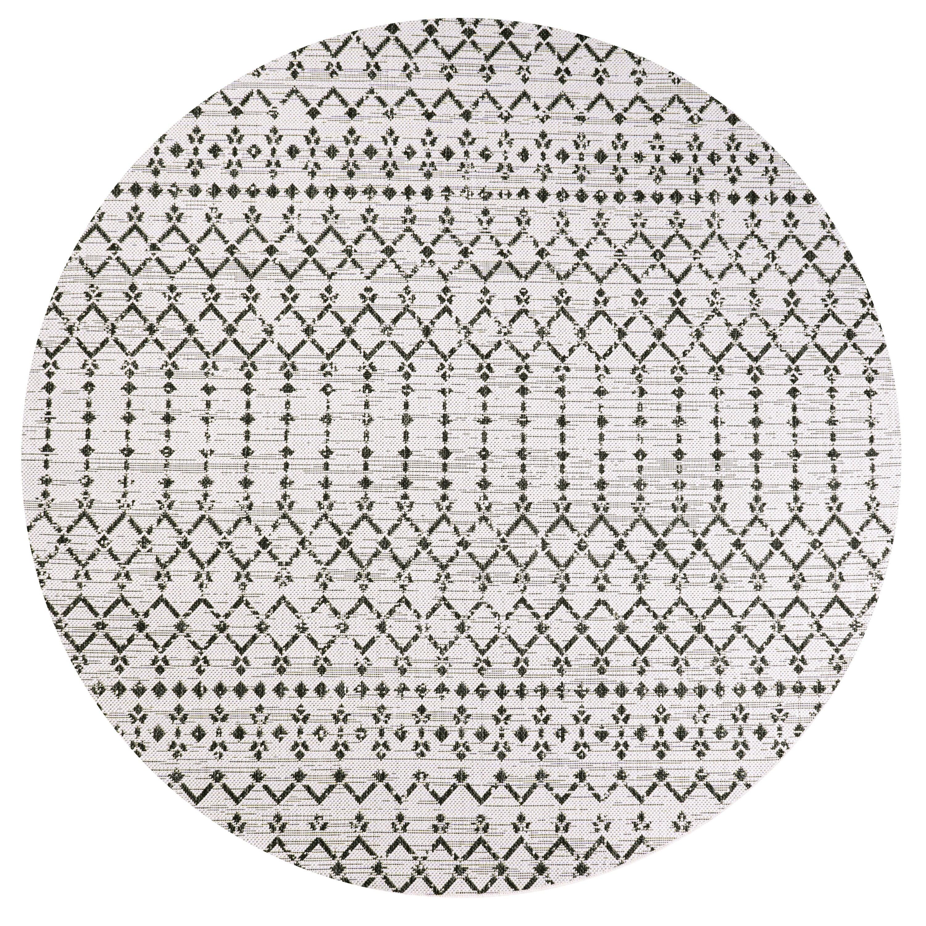 5' Round Ourika Moroccan Geometric Textured Weave Indoor/Outdoor Area Rug, Cream/Black - JONATHAN Y