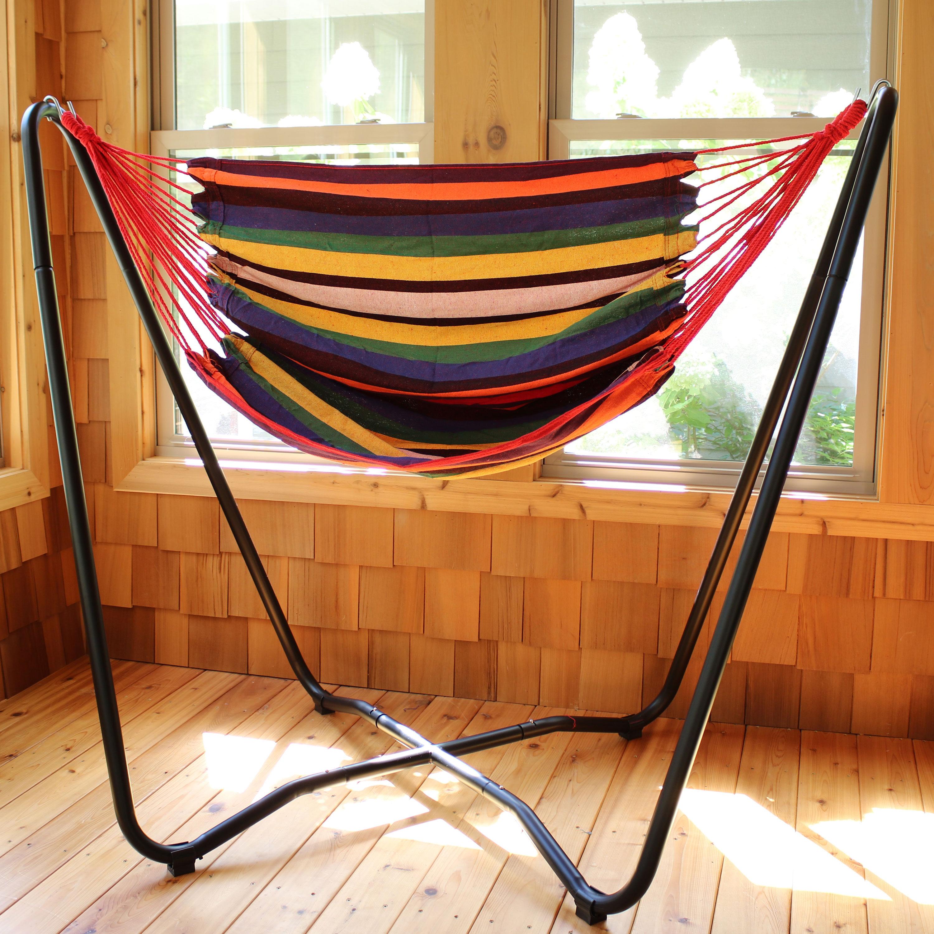 Sunnydaze Hanging Rope Hammock Chair with Space-Saving Stand - 330 lb Weight Capacity - Sunset