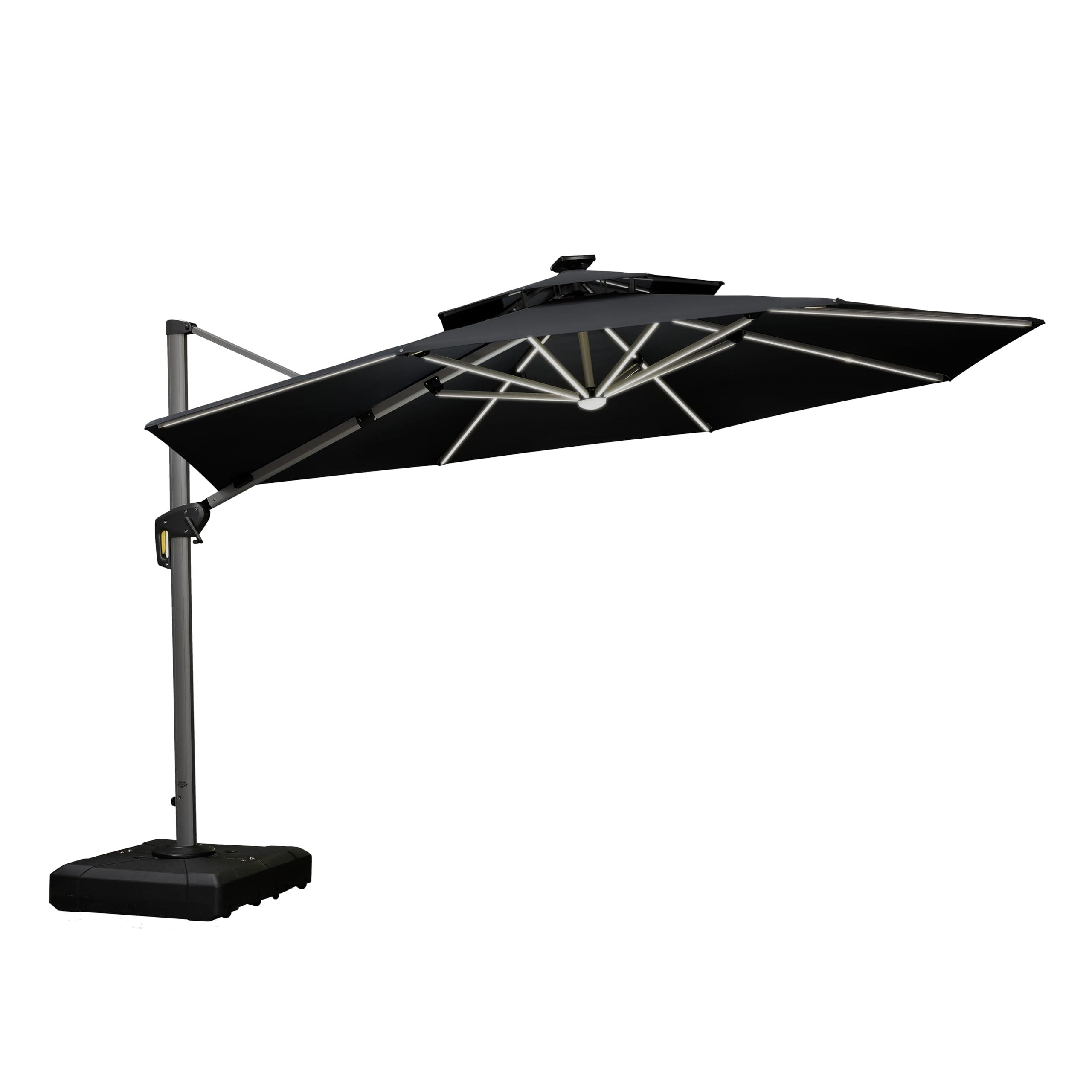 PURPLE LEAF 12-ft Aluminum Black Crank Cantilever Patio Umbrella with Lights