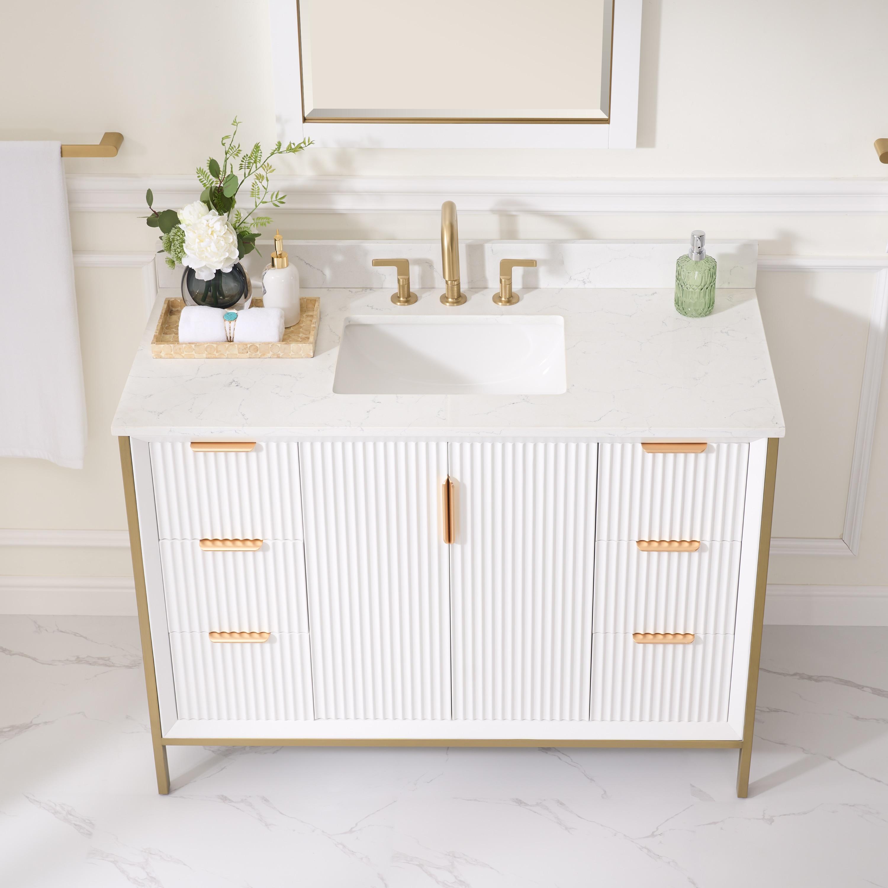 Vinnova Granada 48" White Faux Stone Top Single Vanity in White No Mirror