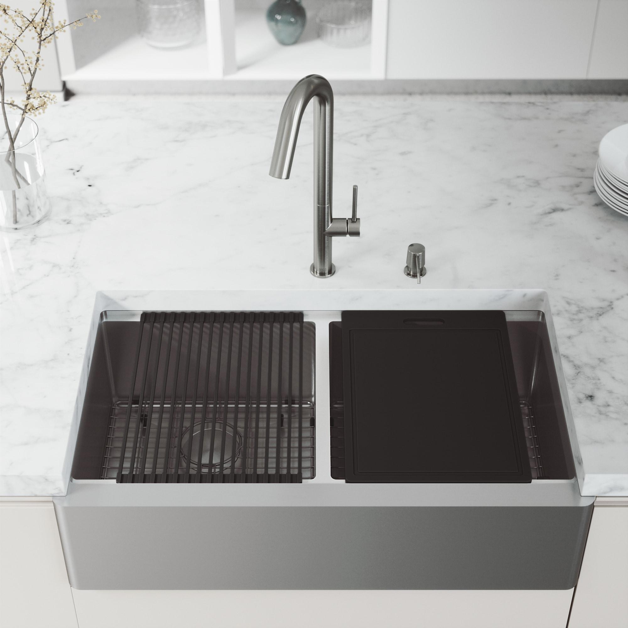 Oxford 36" L x 21" W Double Basin Farmhouse Stainless Steel Kitchen Sink Workstation & Accessories