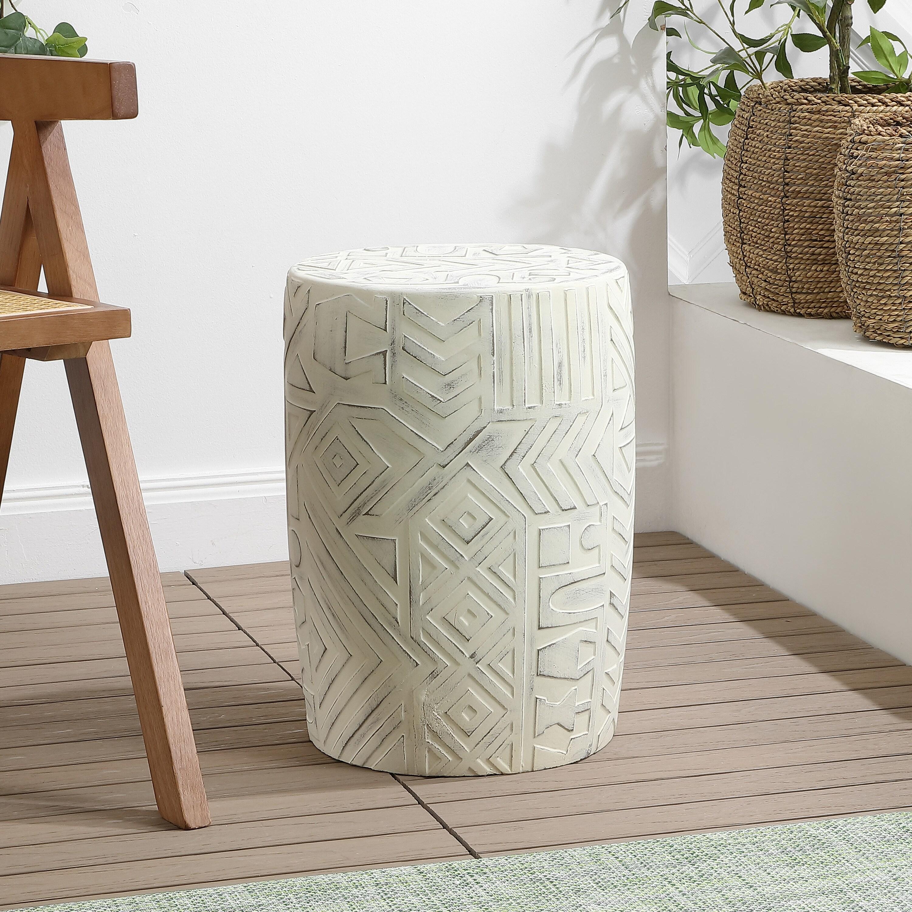 JONATHAN Y Rafi 17.75" Transitional Bohemian Geometric Drum Garden Stool, Cream