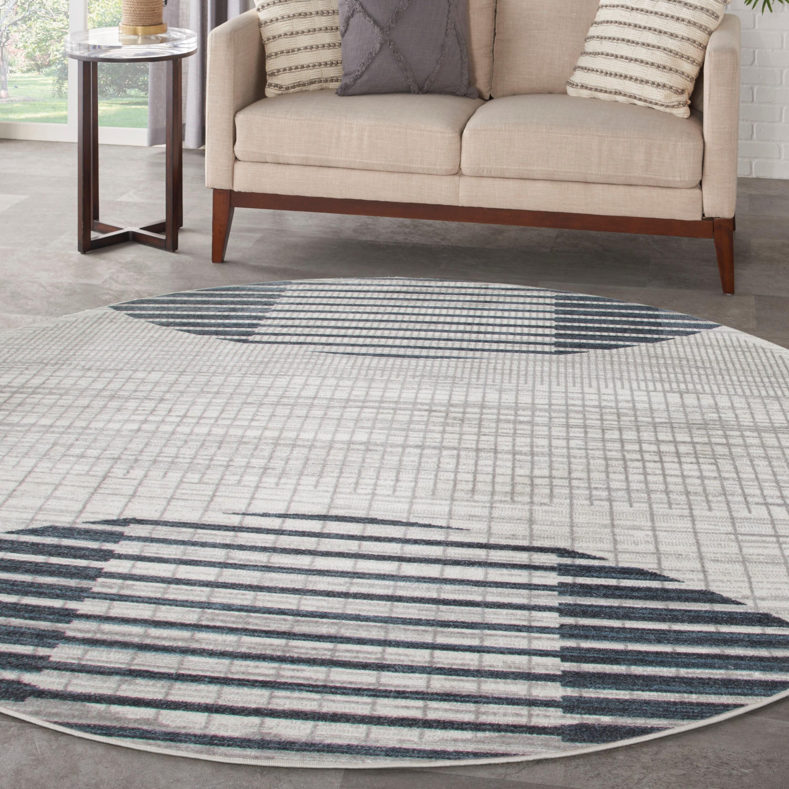 Nourison Astra Machine Washable Semi Circles Mid-Century Modern Indoor Rug Ivory Blue 5'3"xRound