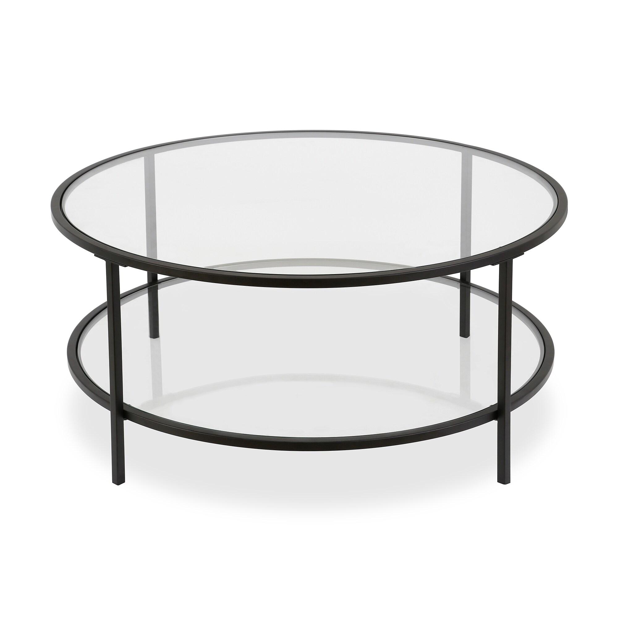 Evelyn&Zoe Sivil 36" Wide Round Coffee Table with Glass Top, Blackened Bronze