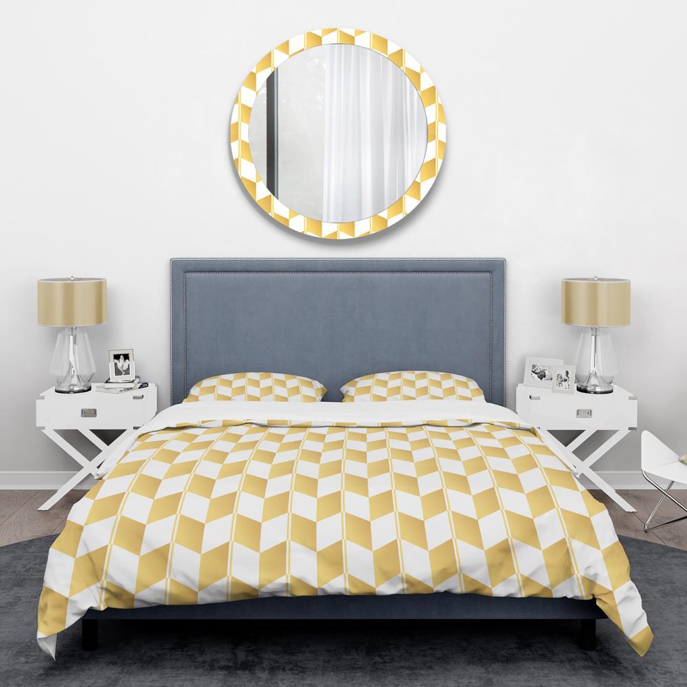 Gold And White Geometric Pattern I - Glam Abstract Duvet Cover Set - Microfiber Polyester