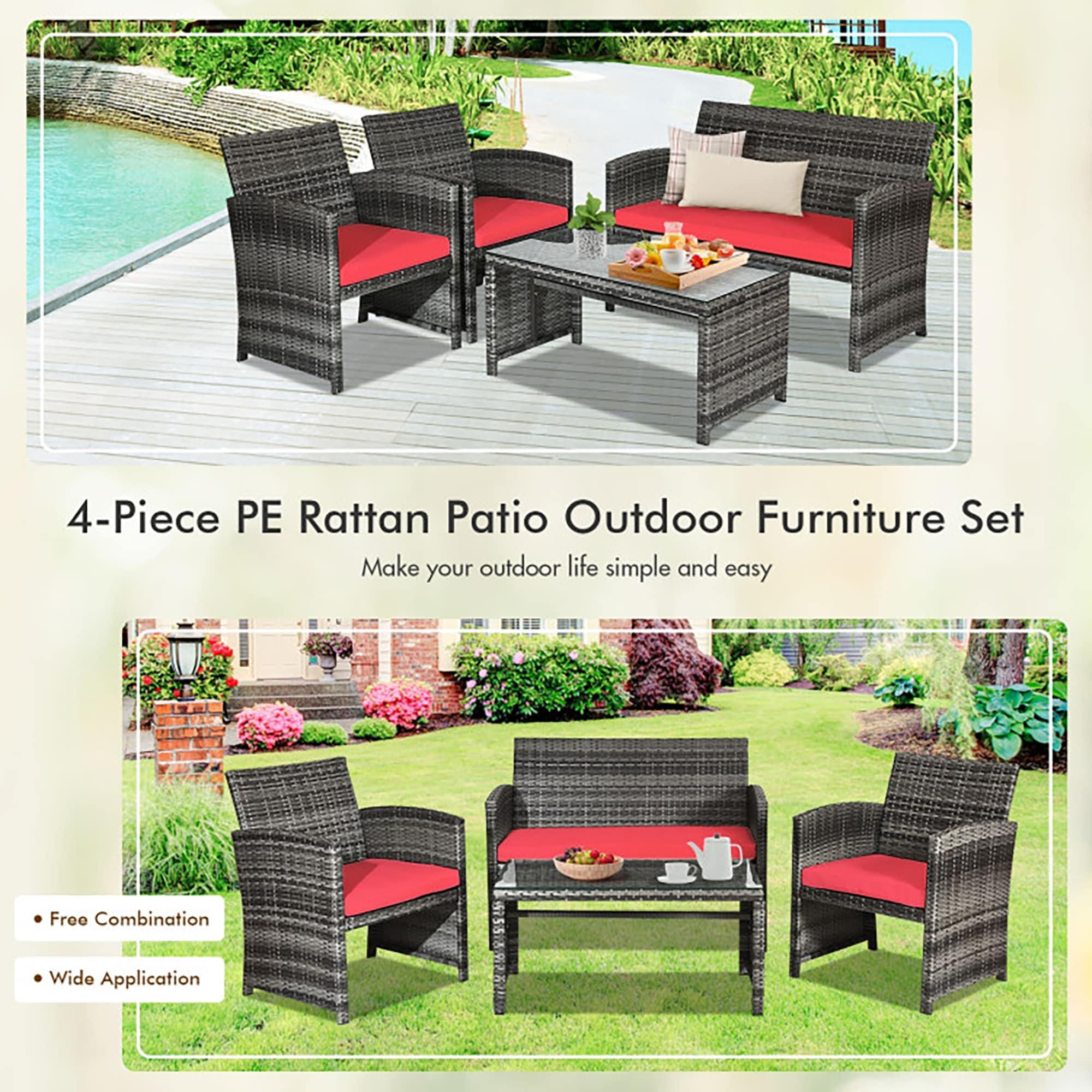 Aimee Lii 4 Pieces Wicker Patio Furniture Set with Cushions, Wicker Outdoor Sectional, Red