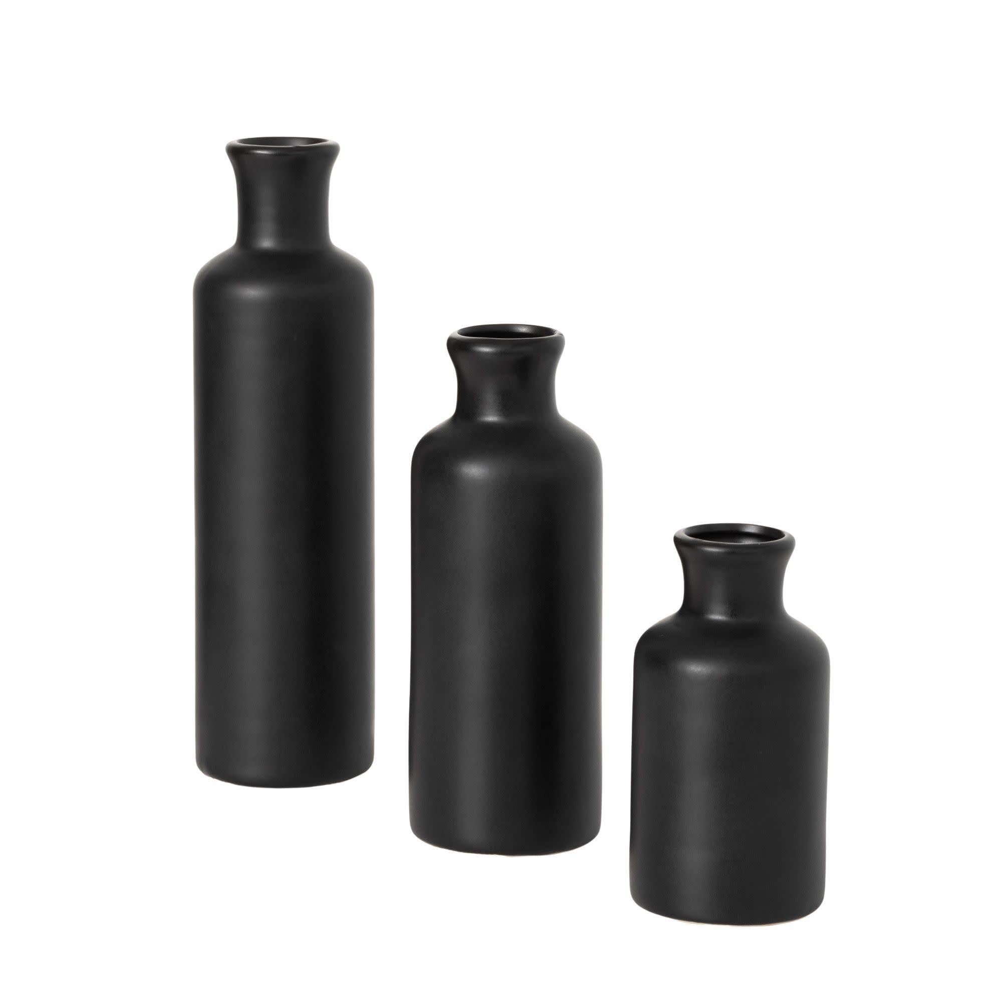 Sullivans Matte Black Set of 3 Small Ceramic Bottle Vases 5"H, 7.5"H & 10"H Black