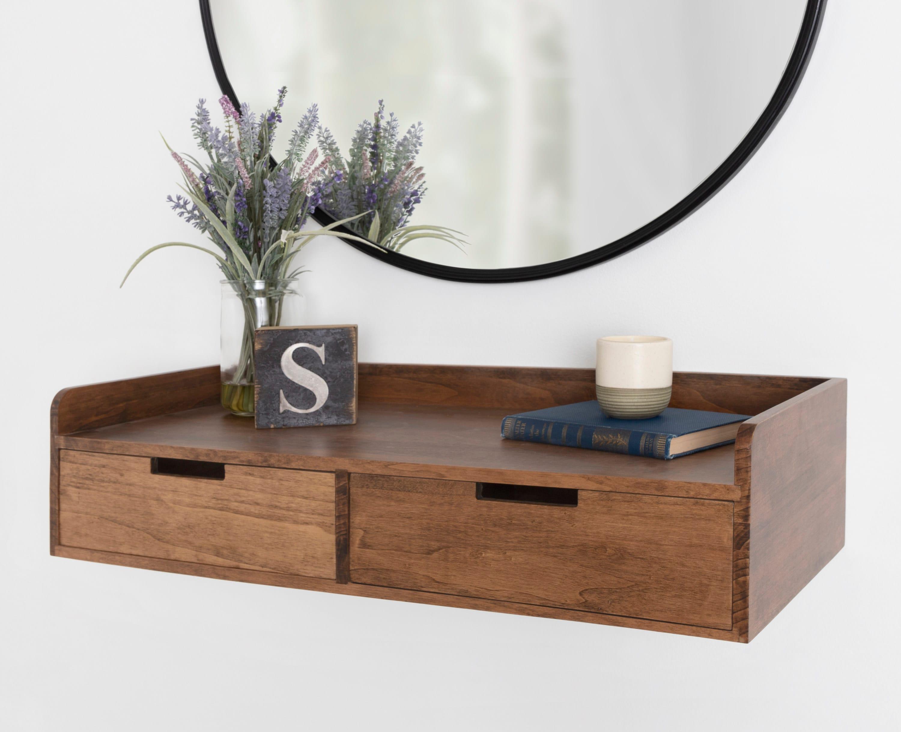 Kate and Laurel Kitt Modern Floating Shelf with Drawers, 28 x 12 x 6.5 inches, Rustic Brown, Chic Floating Storage Console Table or Desk for Wall