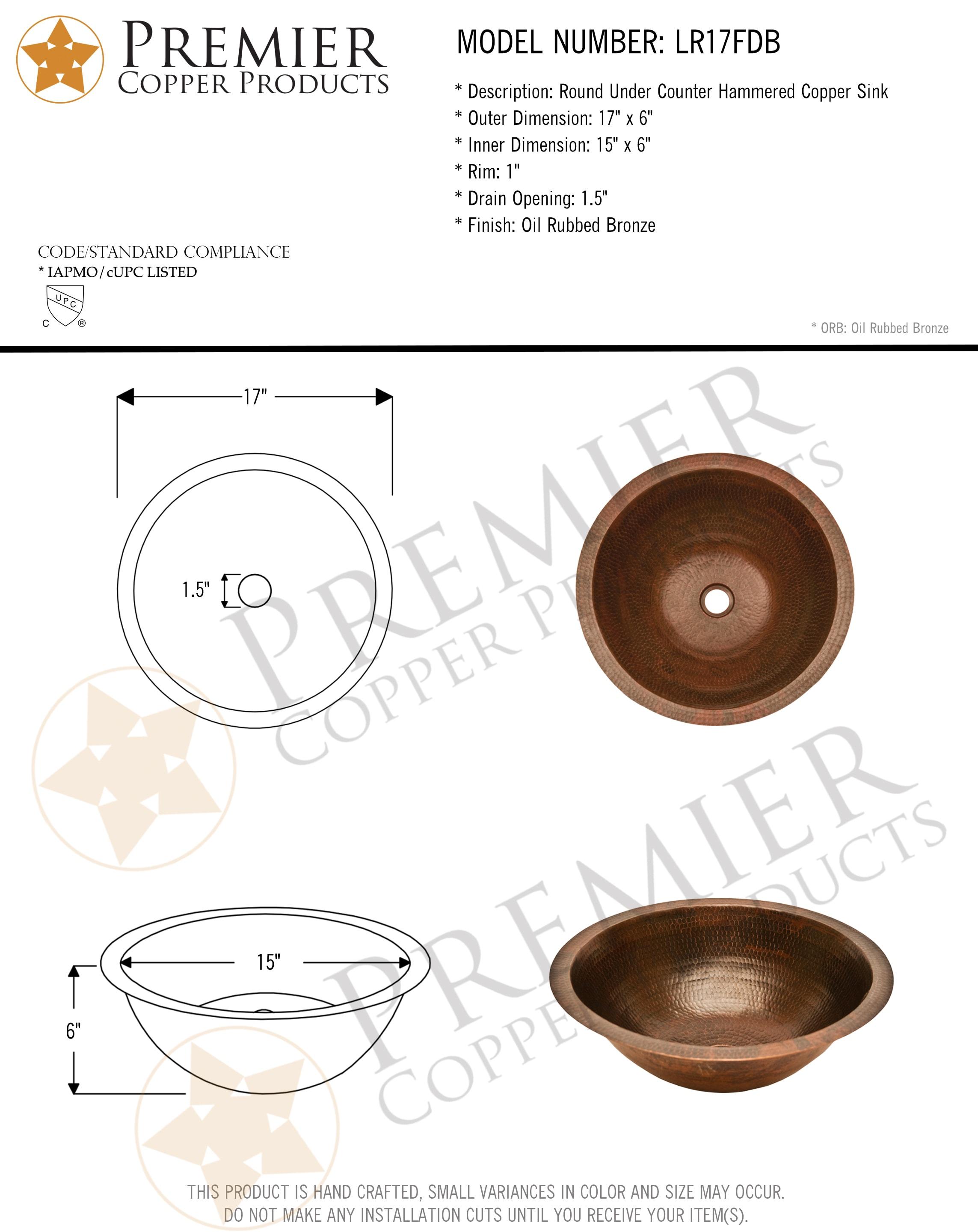 17" Round Under Counter Hammered Copper Bathroom Sink