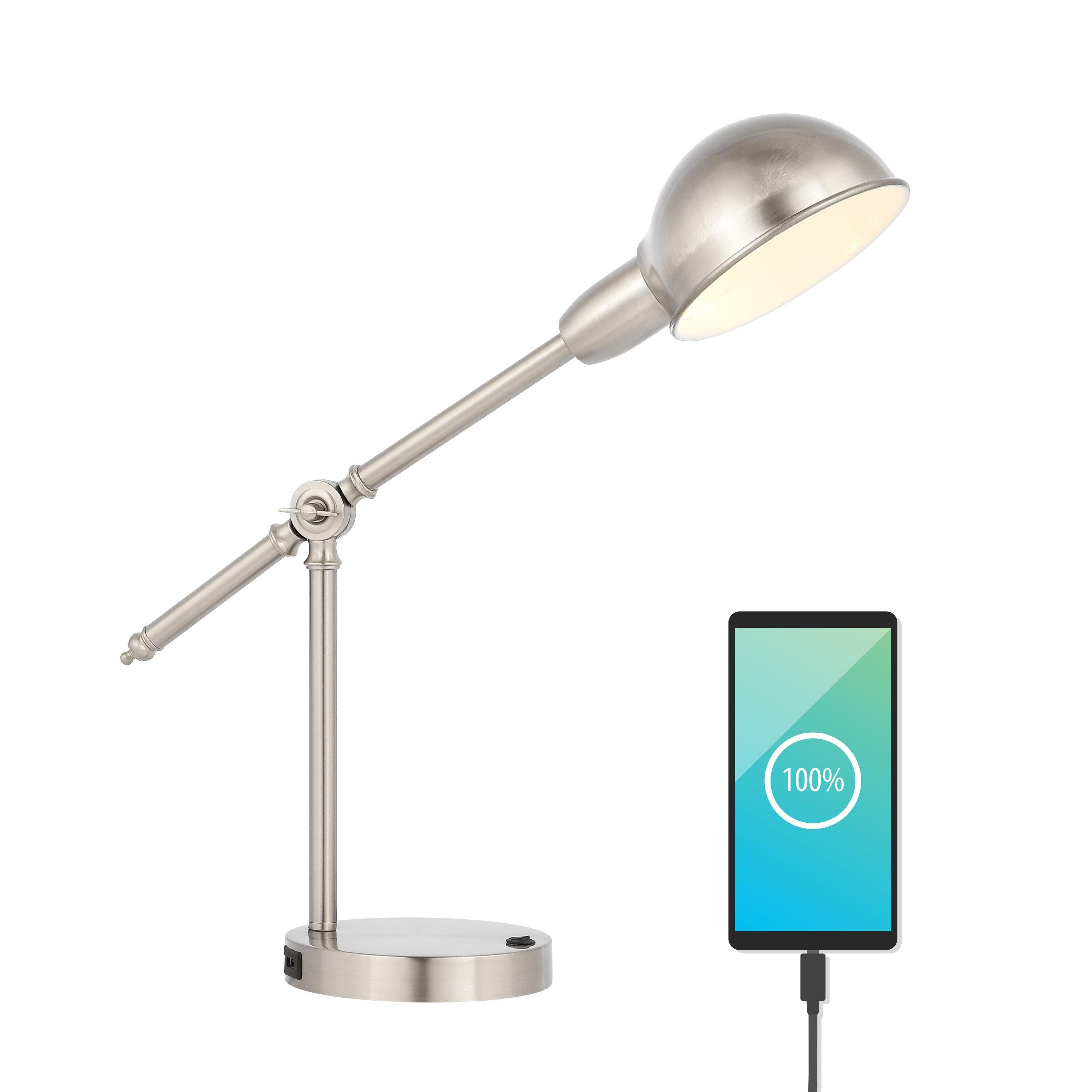 JONATHAN Y Curtis 20.25" Vintage Industrial Iron Adjustable Dome Shade LED Task Lamp with USB Charging Port, Nickel, JYL7123B