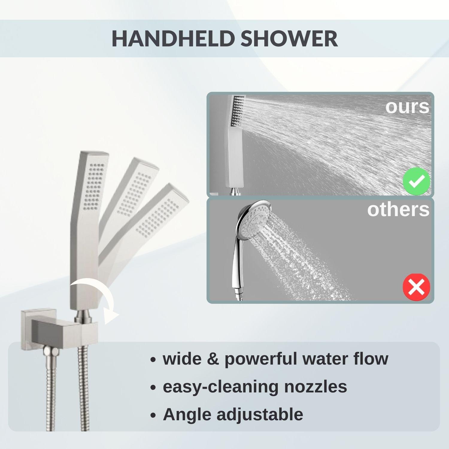 Fithood Rain Shower System Brushed Nickel Tub Shower Faucet Set 10 Inch Square Rainfall Shower Head with Handheld Sprayer and Waterfall Tub Spout Pressure Balance Rough-in Valve Shower Mixer Combo
