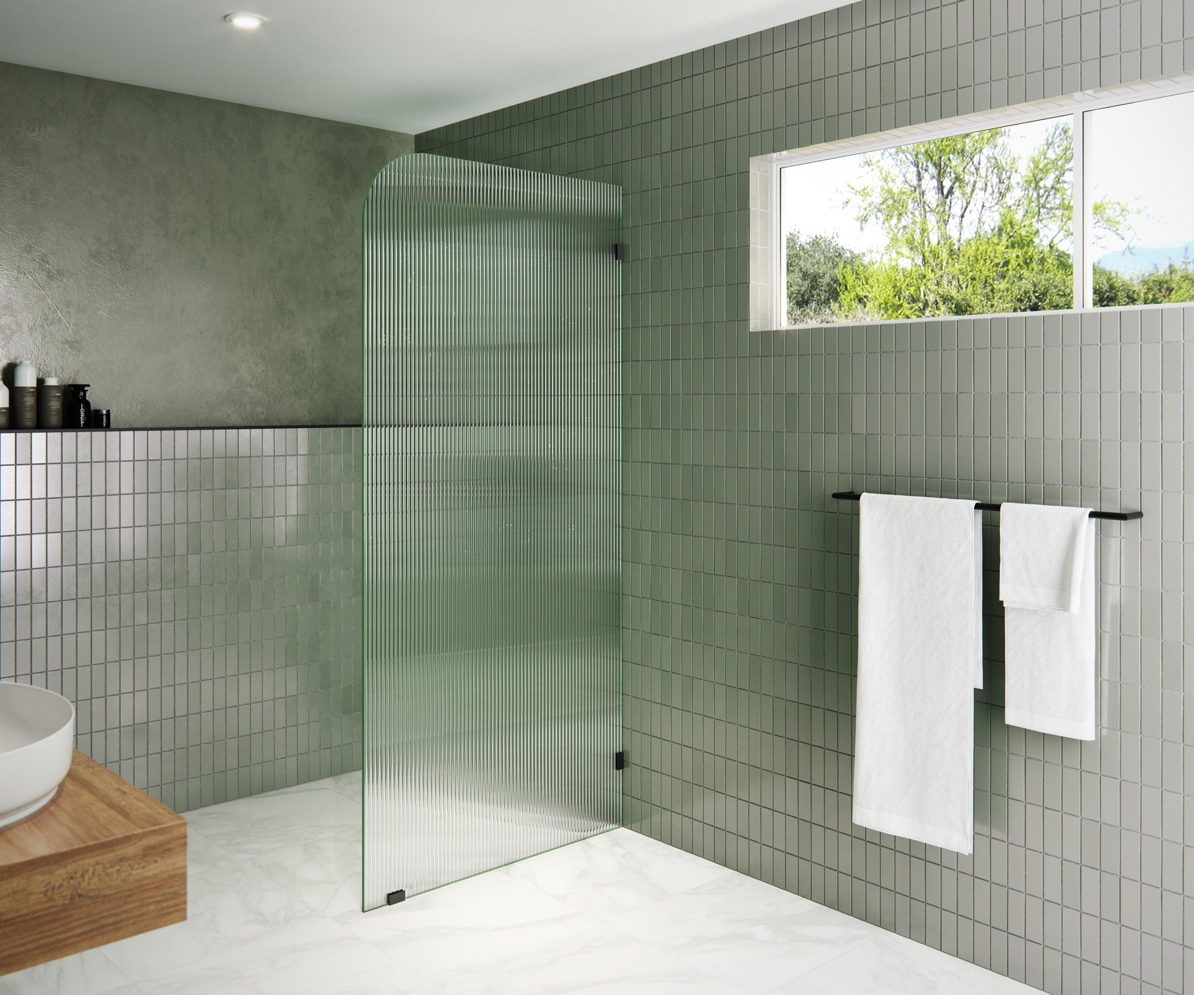 Glass Warehouse  36" x 78" Frameless Shower Door - Single Fixed Panel Fluted Frosted Radius Matte Black 36 Inch - Right Matte