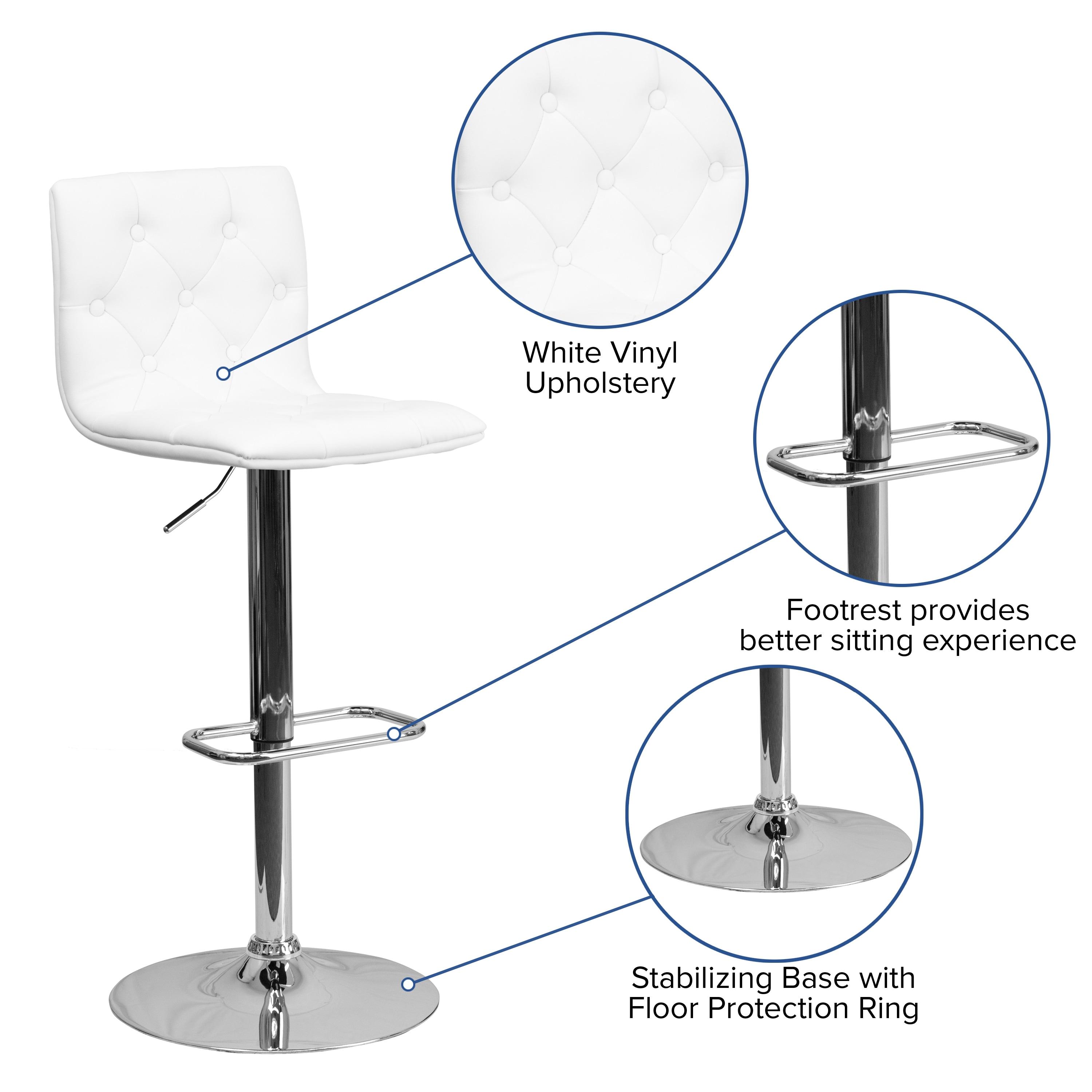 Flash Furniture Sammie Contemporary Button Tufted White Vinyl Adjustable Height Barstool with Chrome Base