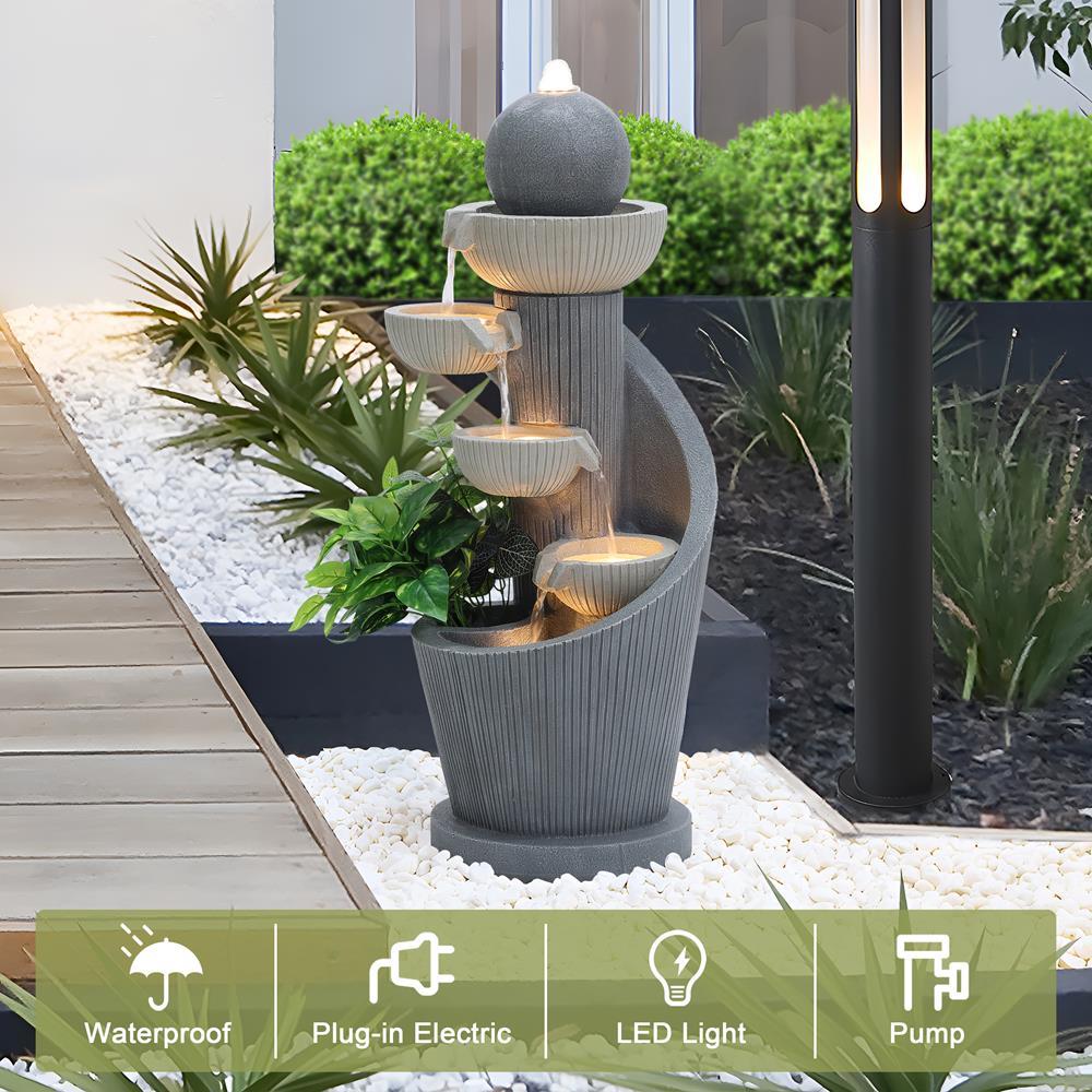 LuxenHome Gray Resin Spiral Sculpture with Bubbler 5-Tier Outdoor Fountain with Lights