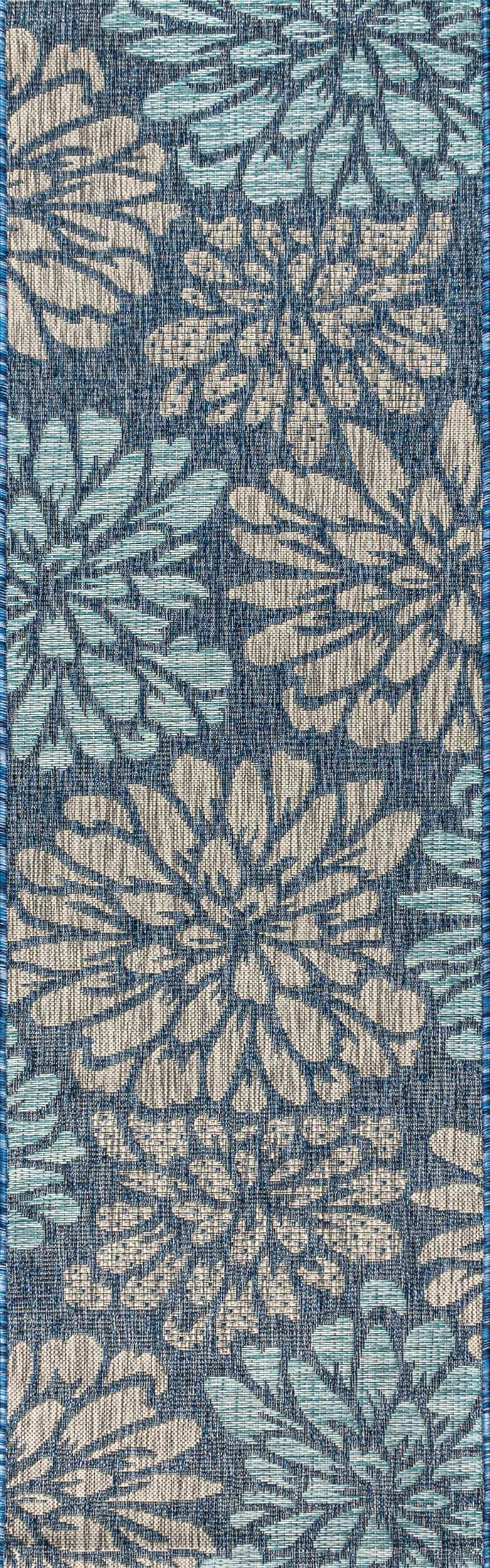 JONATHAN Y Zinnia Modern Floral Textured Weave Navy/Aqua 2 ft. x 20 ft. Indoor/Outdoor Runner Rug