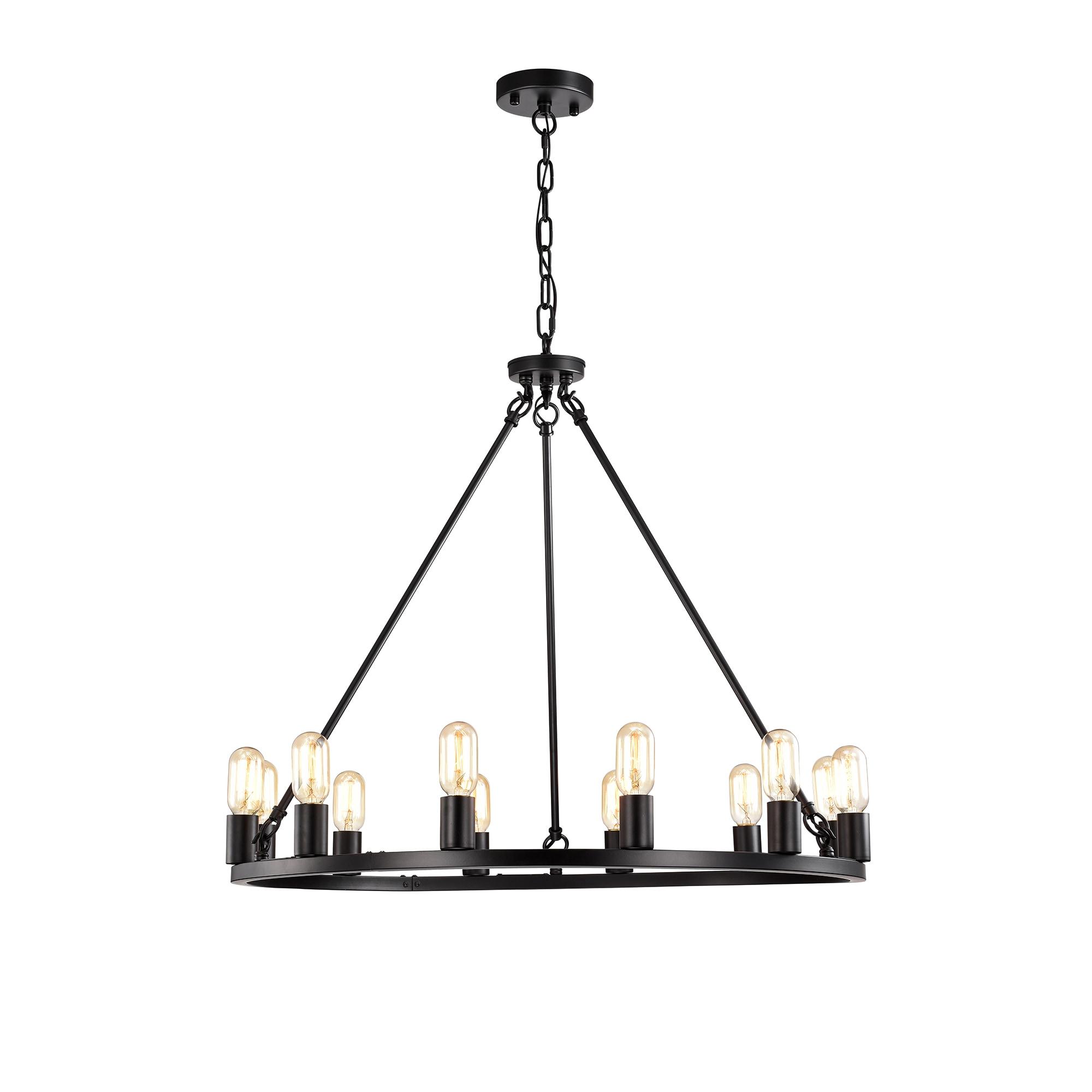 Black Metal 12-Light Round Wagon Wheel Chandelier