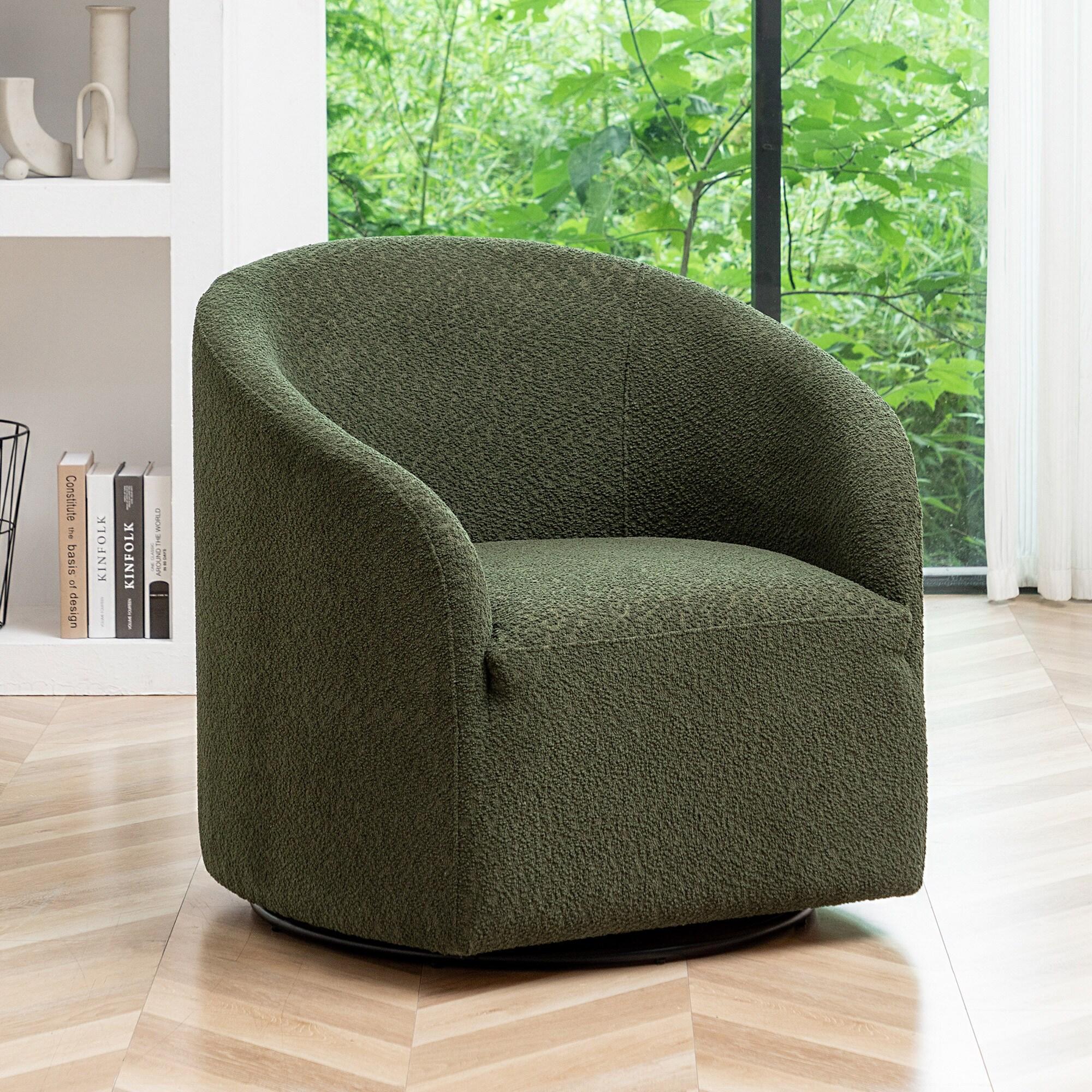 32" Wide Boucle Upholstered Swivel Barrel Chair Green - Kinwell: Mid-Century Modern, No Assembly Required