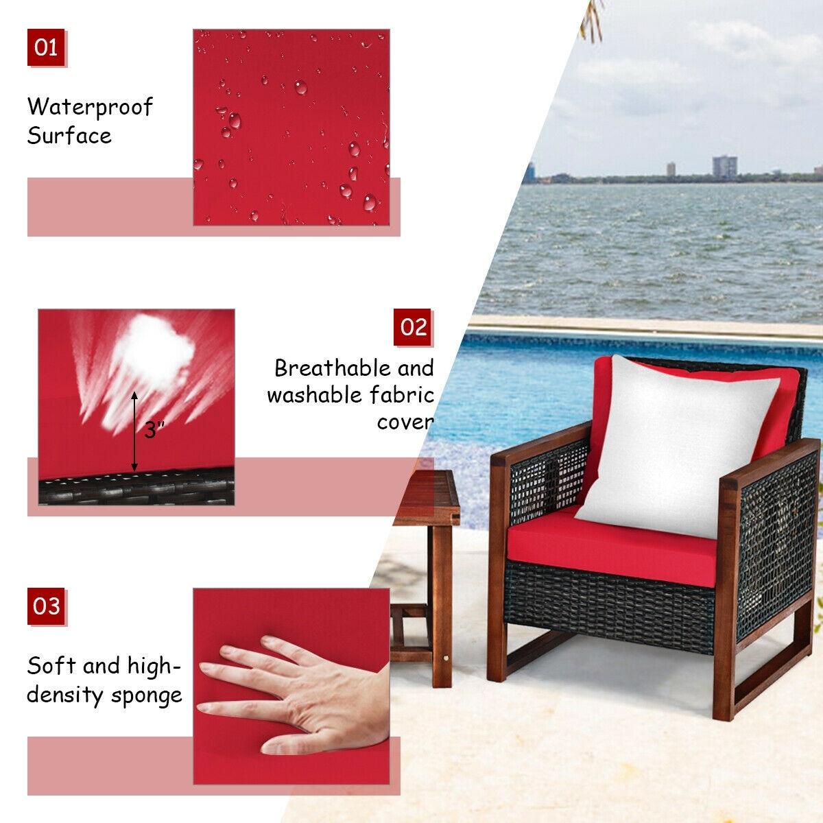 Costway 3PCS Patio Wicker Furniture Set Solid Wood Frame Cushion Sofa w/ Square Table Shelf Red