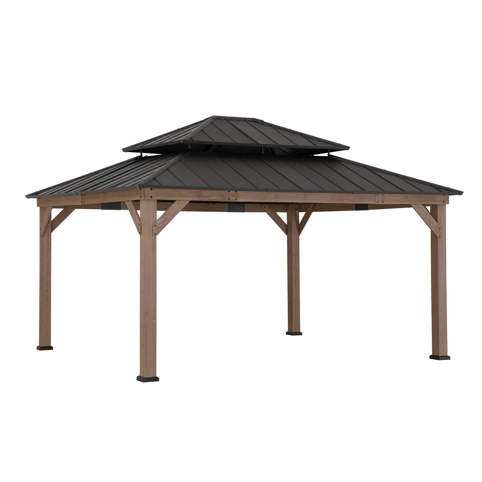 Sunjoy Sunjoy 13 x 15 ft. Wood Gazebo, Outdoor Patio Steel Hardtop Gazebo, Cedar Framed Wooden Gazebo with 2-Tier Metal Roof, Suitable for Patios, Lawn and Backyard