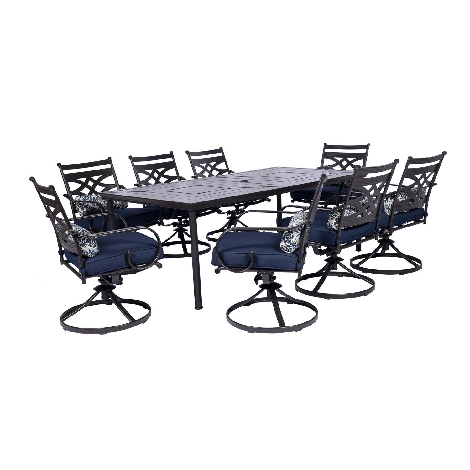 Hanover Montclair 9-Piece All-Weather Outdoor Patio Dining Set, 8 Swivel Rocker Chairs with Comfortable Seat and Lumbar Cushions, 84"x42" Stamped Rectangle Table, MCLRDN9PCSW8-NVY