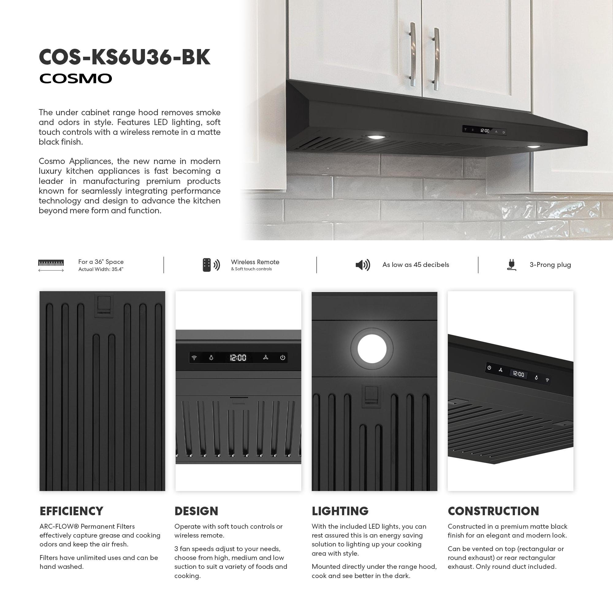 Cosmo 36 In. Haven Collection 500 Cfm Ducted Under Cabinet Range Hood, Touch Controls, Led Lights In Matte Black