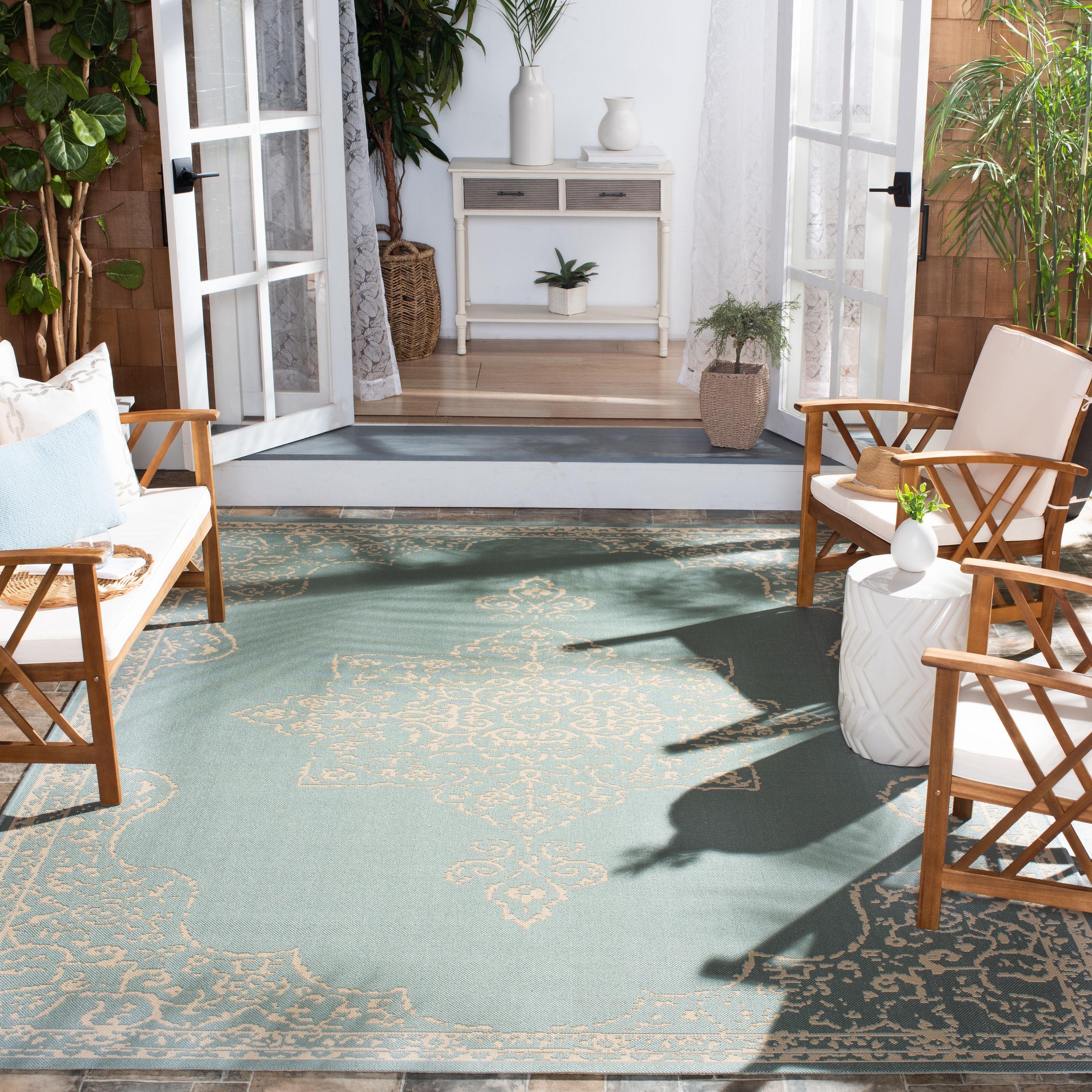 SAFAVIEH Beach House Harding Traditional Indoor/Outdoor Area Rug Cream/Aqua, 5'3" x 7'6"